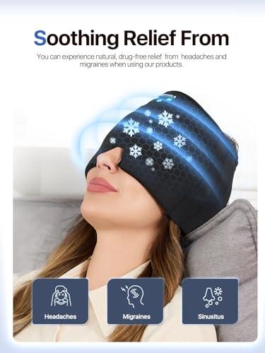ANRUOLA Migraine Relief Cap with Bluetooth Headphones, Sleep Headphones, Wireless Headache Relief Cap, Soothing Headache Ice Pack Mask Products, Face Cold Compress Head Wrap for Tension, Stress & Sleep