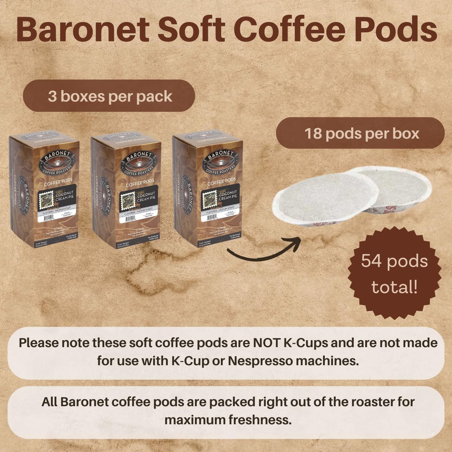 Baronet Coffee Baronet Coffee Pods [Coconut Creme-54 Pods] Flavored Single Cup Use, Compatible with Senseo Coffee Machines [3 Boxes of 18 Single Serve 10 Gram Pads] Regular Strength Soft Coffee Pods, Medium Roast