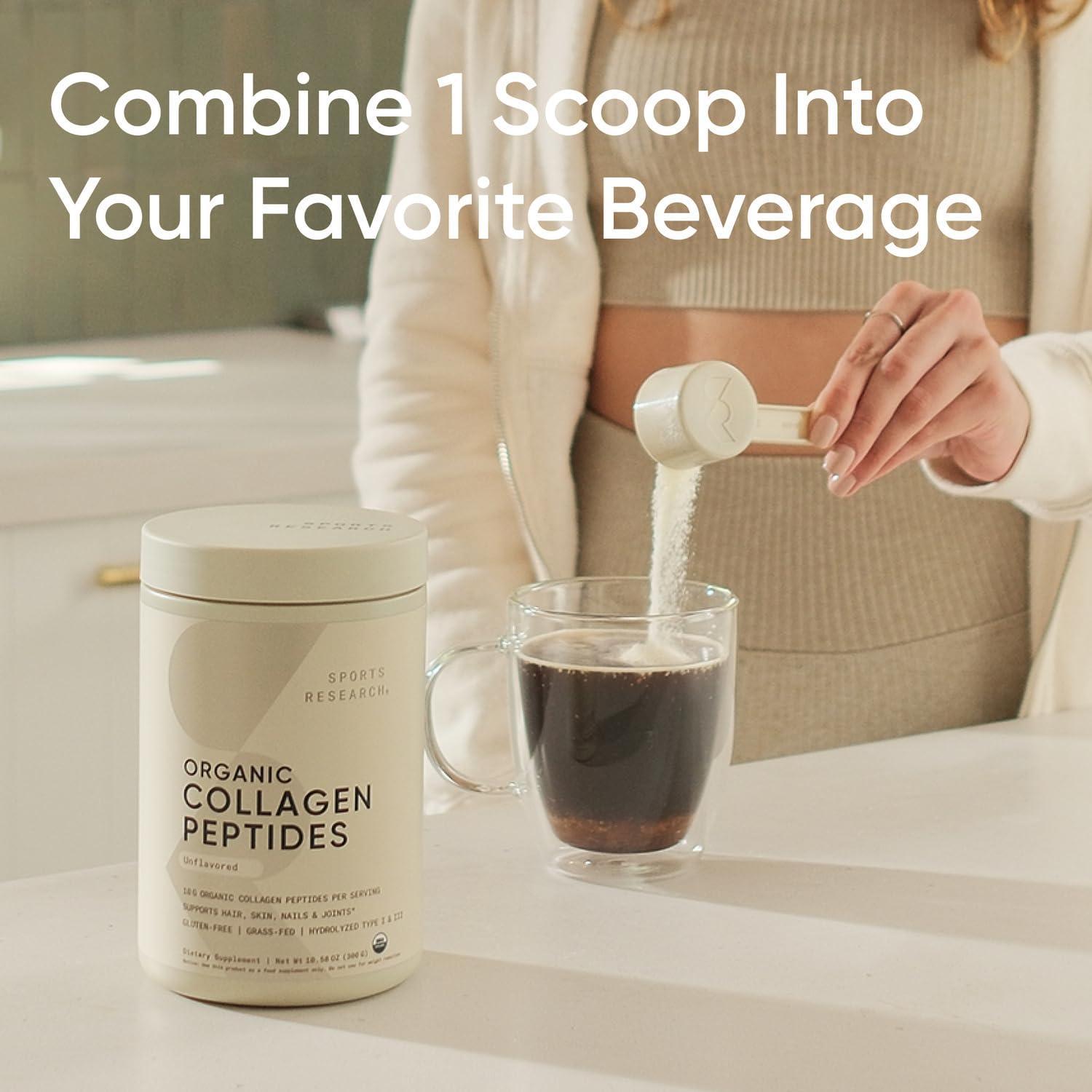 Sports Research Sports Research Organic Collagen Peptides - Hydrolyzed Type I & III Collagen Protein Powder Sustainably Sourced from Grass-Fed Bovine - Unflavored, Organic Certified & Gluten Free - 30 Servings