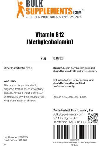 BulkSupplements BulkSupplements.com Pure Vitamin B12 Methylcobalamin Powder - Vitamin B12 Supplements, Essential B Vitamin - Pure Product, Multiple Servings, 25g (0.88 oz) (Pack of 1)