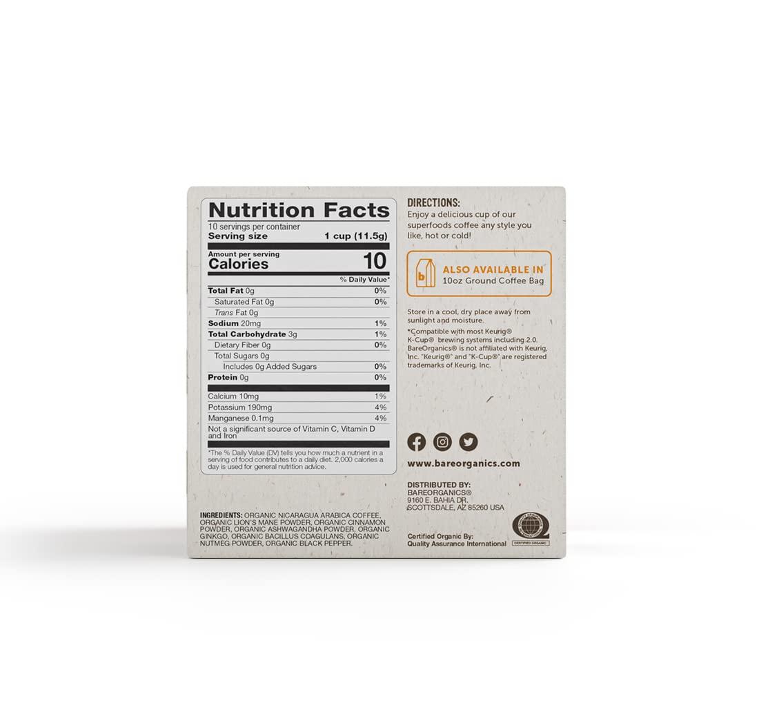 BareOrganics BareOrganics Focus Coffee Pods With Superfoods & Probiotics | Keurig K-Cup Compatible | USDA Certified Organic, Vegan, Non-GMO & Recyclable Single Serve 10ct (Pack of 6)