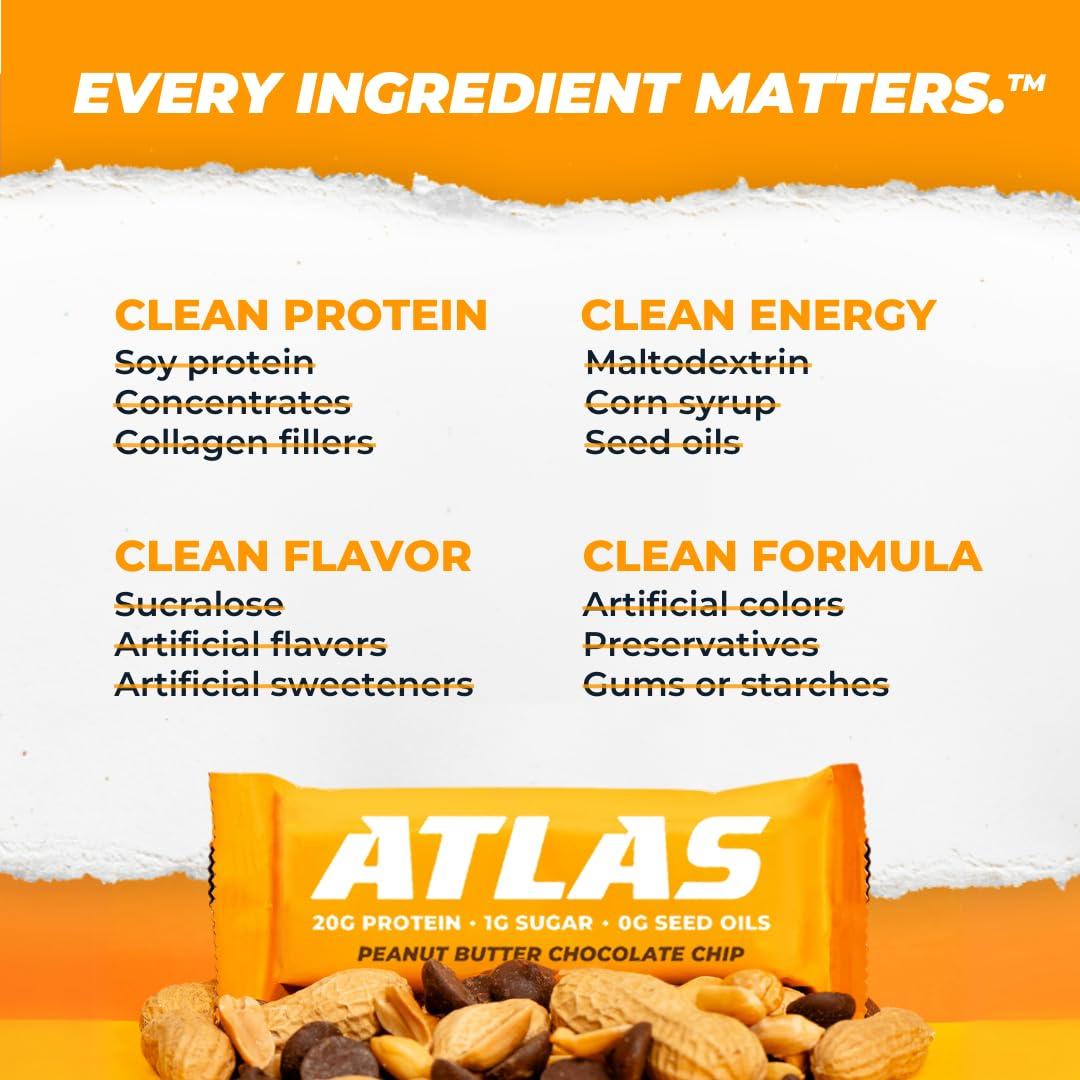 Atlas Protein Bar Atlas Protein Bar, 20g Protein, 1g Sugar, Clean Ingredients, Gluten Free, Peanut Butter Chocolate Chip (12 Count, Pack of 3)