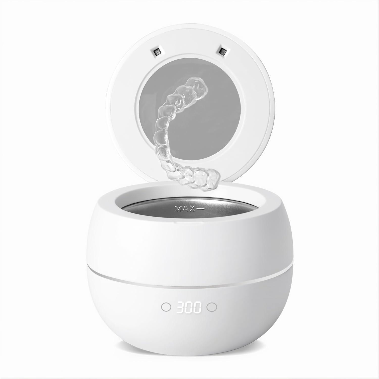 AMDISI Ultrasonic Retainer Cleaner Cleaning Machine, 44kHz Jewelry Clean Pod 250ML Portable Ultra Sonic Retainer Cleaner for Mouth Guard Denture (Pure White