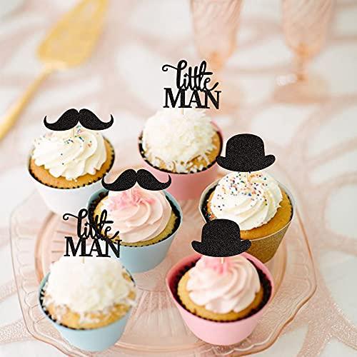 ZHUOWEISM 36 PCS Little Man Cupcake Toppers Black Glitter Hat Mustache Cupcake Picks for Baby Shower Boys Birthday Party Cake Decorations Supplies
