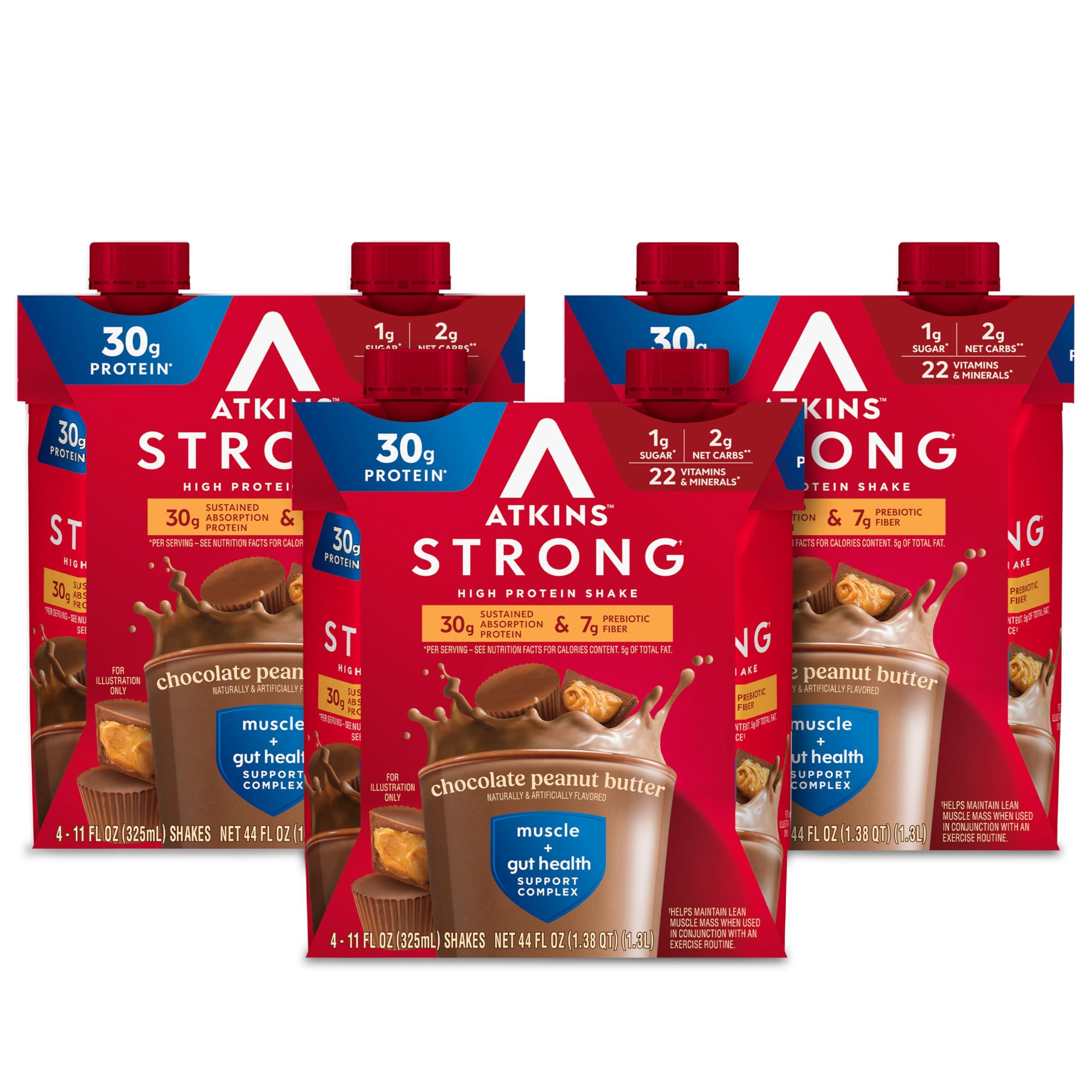 Atkins Atkins Strong High Protein Shake, Chocolate Peanut Butter, 30g Protein, 7g Prebiotic Fiber, Muscle & Gut Health Support Complex, 12 Count