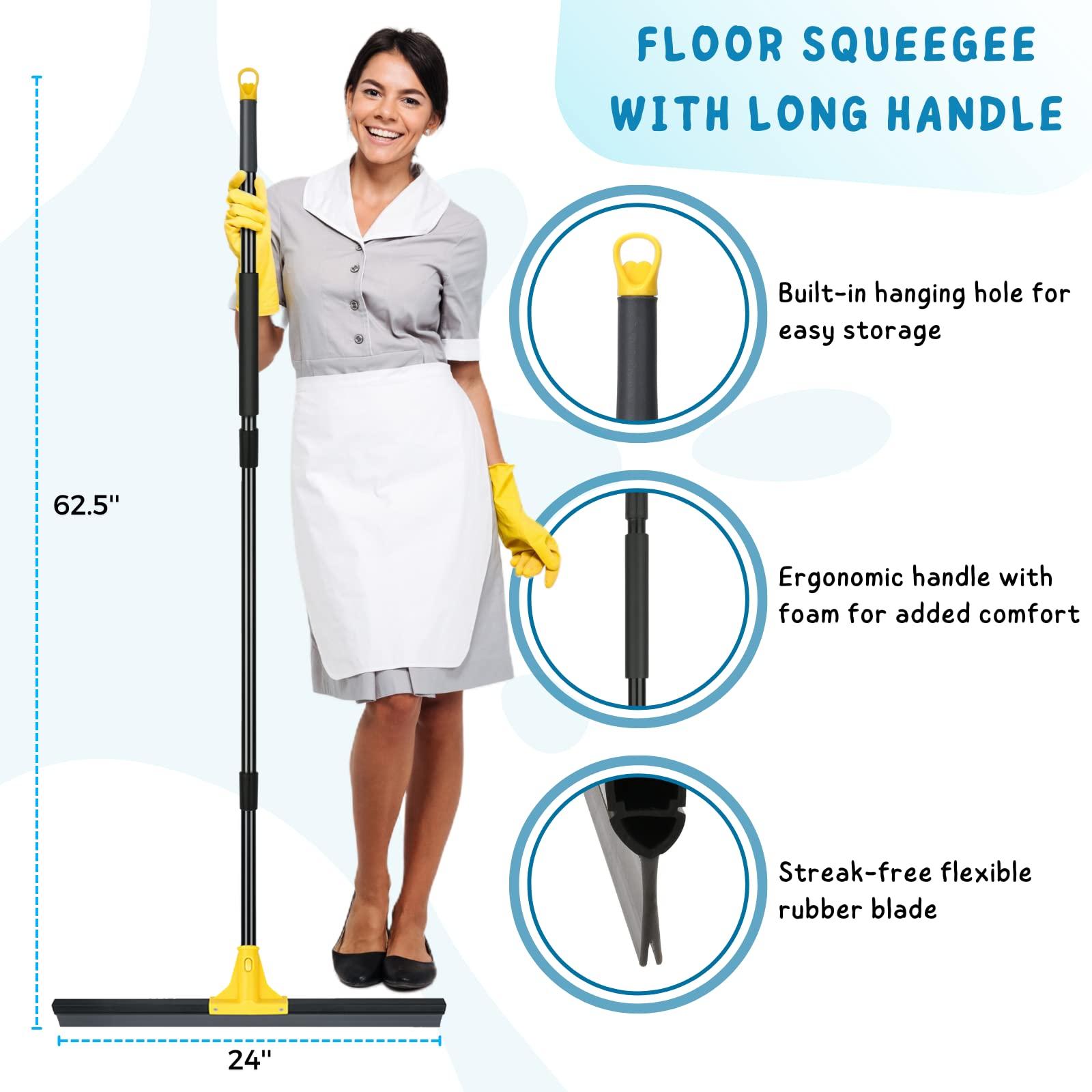 KeFanta Floor Squeegee for Concrete and Tile Cleaning, 24\'\' Rubber Wiper Broom, Large Heavy Duty Water Scraper with 60\'\' Long Handle for Garage, Deck, Bathroom, Shower Glass, Window
