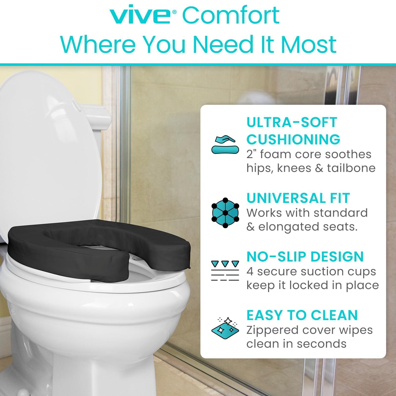 Vive Vive Toilet Seat Cushion (Soft Cushioned Foam) - Easy Clean Soft Padded Bathroom Attachment - Elongated, Standard Seats - Comfort and Support Donut for Handicap, Adults (2\" Cushioned Foam, Black)