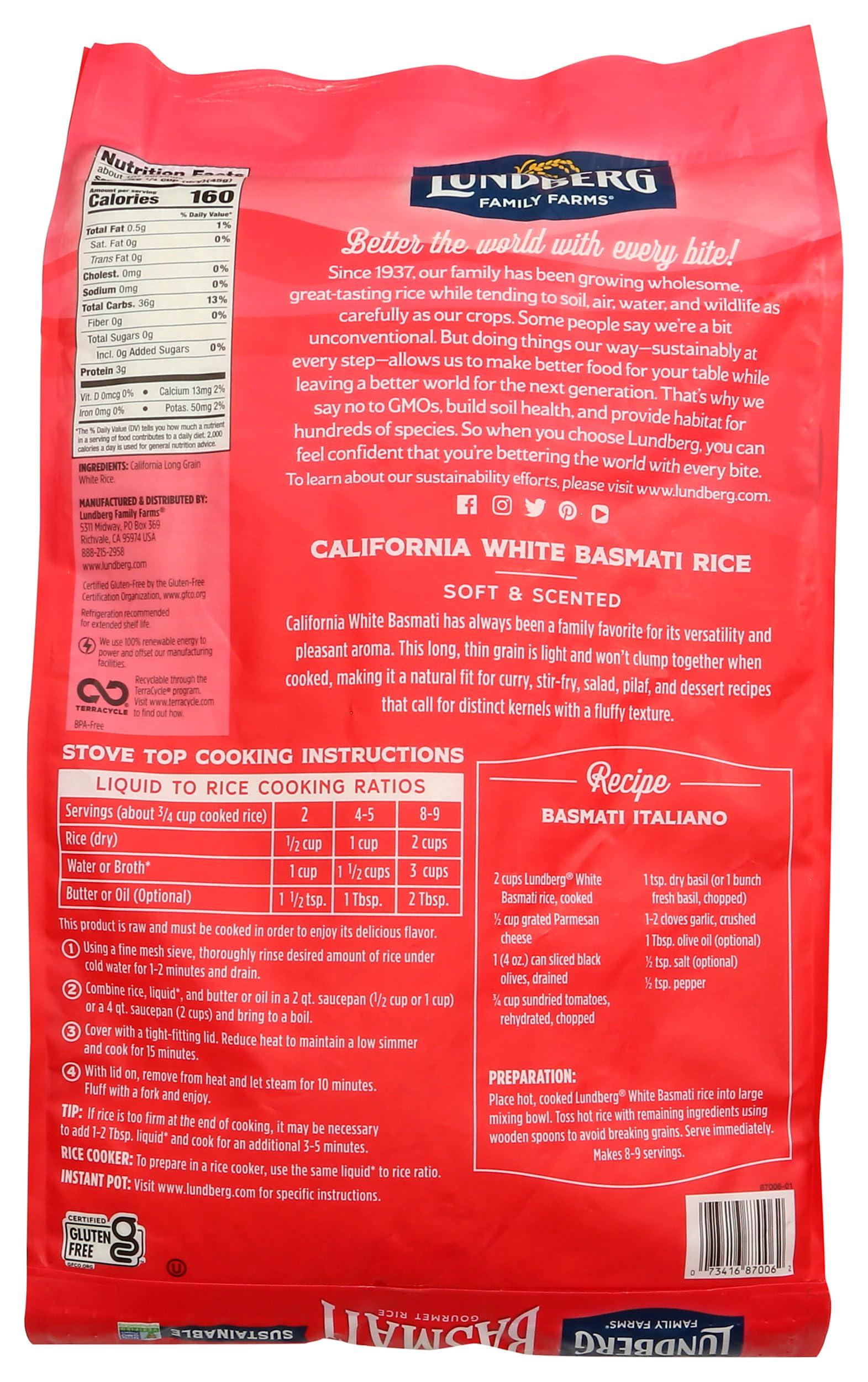Lundberg Lundberg Family Farms - White Basmati Rice, Premium Long Grain Bulk Rice, Non-Sticky Texture, California-Grown, Light Flavor, Pleasant Aroma, Gluten-Free, Non-GMO, Vegan, Kosher (10lb)