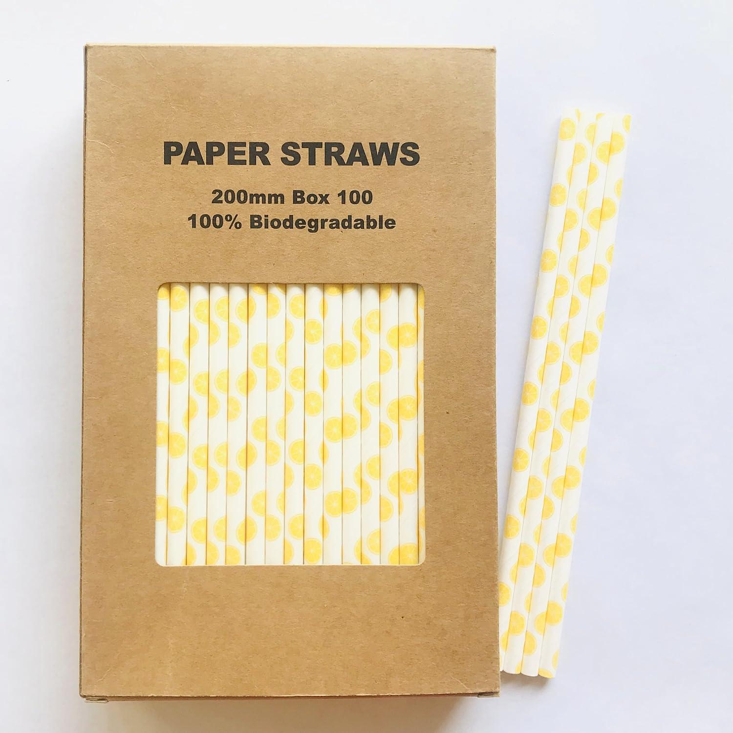 Generic 100 pcs Fruit Paper Straws Bulk, Summer Yellow Lemon Citrus Drinking Straws, Disposable Biodegradable Decorative Picnic BBQ Pool Beach Party Juice Shake Smoothie Bar Cake Pop Sticks (Lemon)