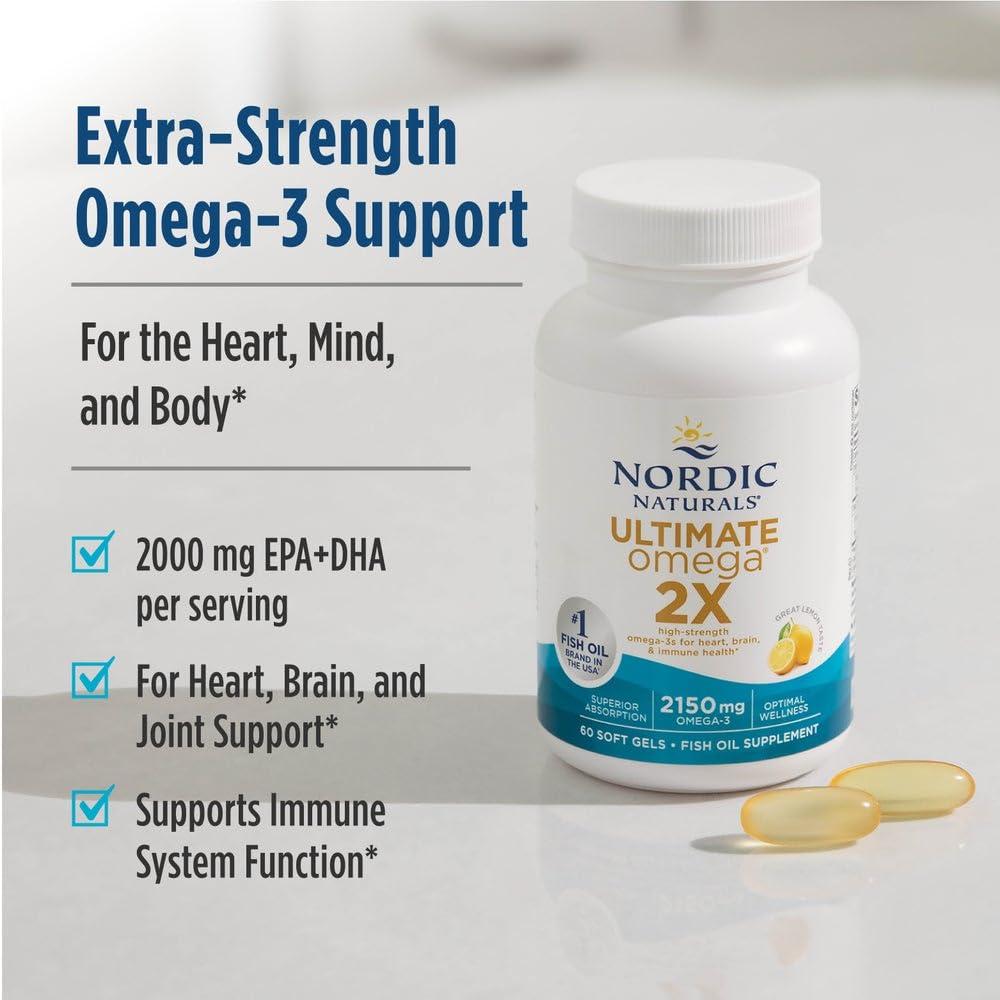 Nordic Naturals Nordic Naturals Ultimate Omega 2X, Lemon Flavor - 60 Soft Gels - 2150 mg Omega-3 - High-Potency Fish Oil with EPA & DHA - Promotes Brain & Heart Health - Non-GMO - 30 Servings