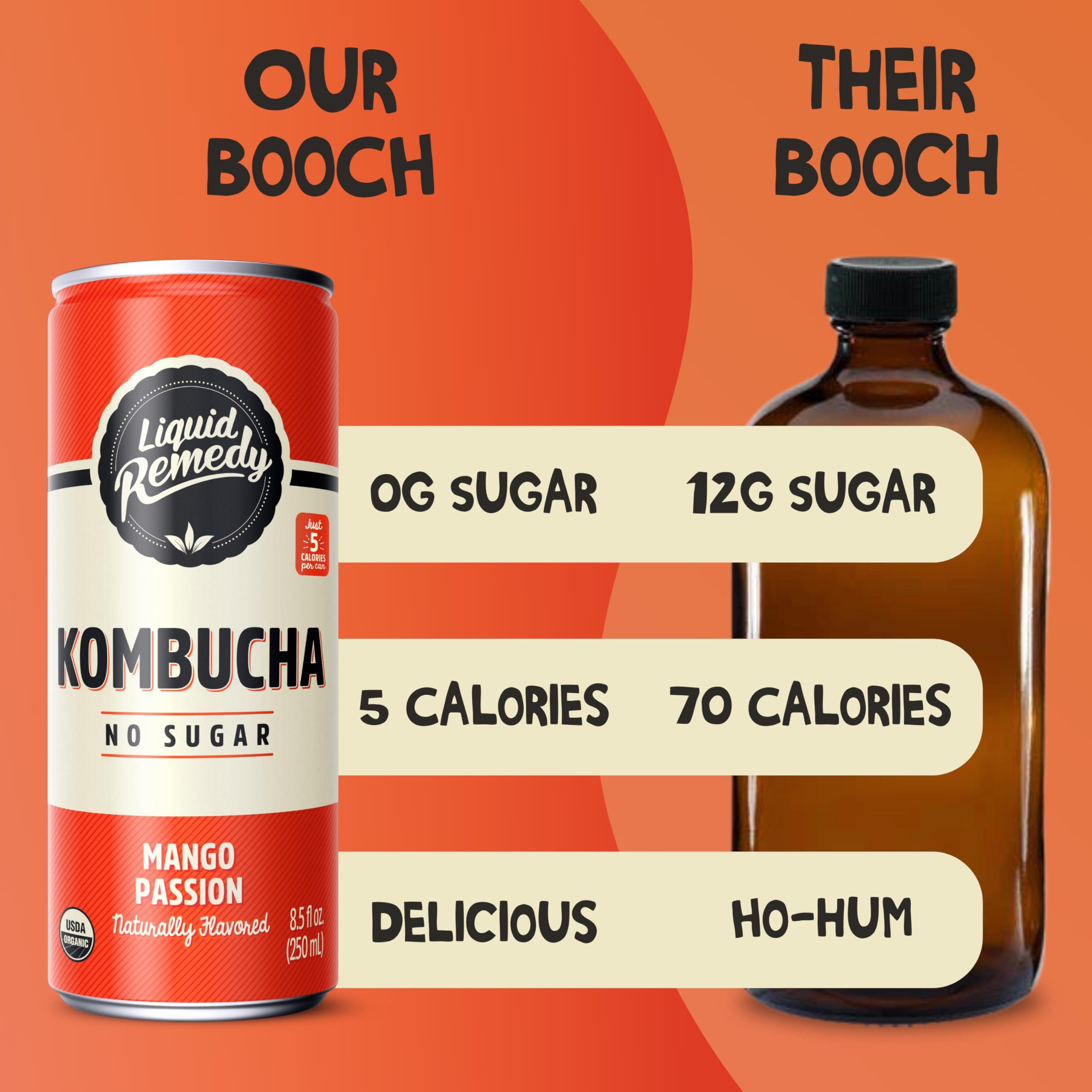 REMEDY Kombucha Liquid Remedy Kombucha Sugar Free Organic Drink, Low Calorie, Probiotic Like Tea for Gut Health - Mango Passion - 8.5 Fl Oz Can, 24-Pack