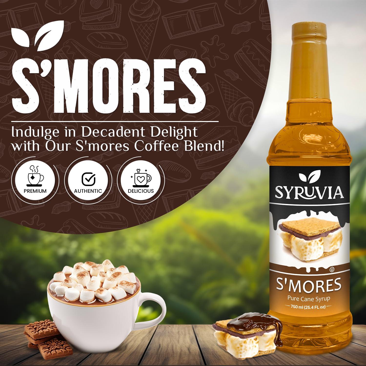 SYRUVIA Syruvia Smores Syrup for Coffee - 25.4 fl oz. Sweet Coffee Flavoring Syrup. Kosher and Gluten-Free. Perfect for Lattes, Smoothies, Shakes, Drinks, Desserts, and More.