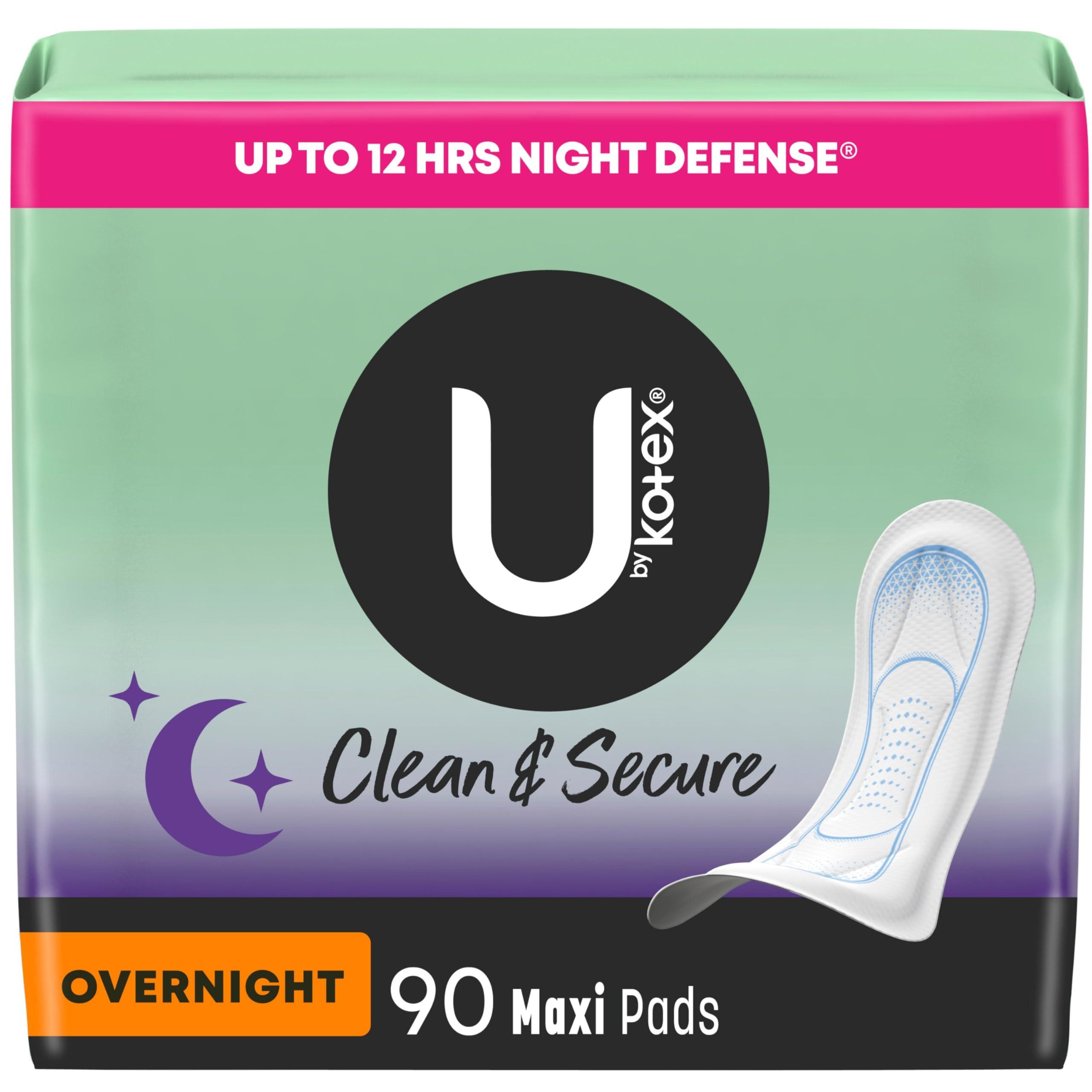 U by Kotex U by Kotex Clean & Secure Overnight Maxi Pads, 90 Count (3 Packs of 30) (Packaging May Vary)