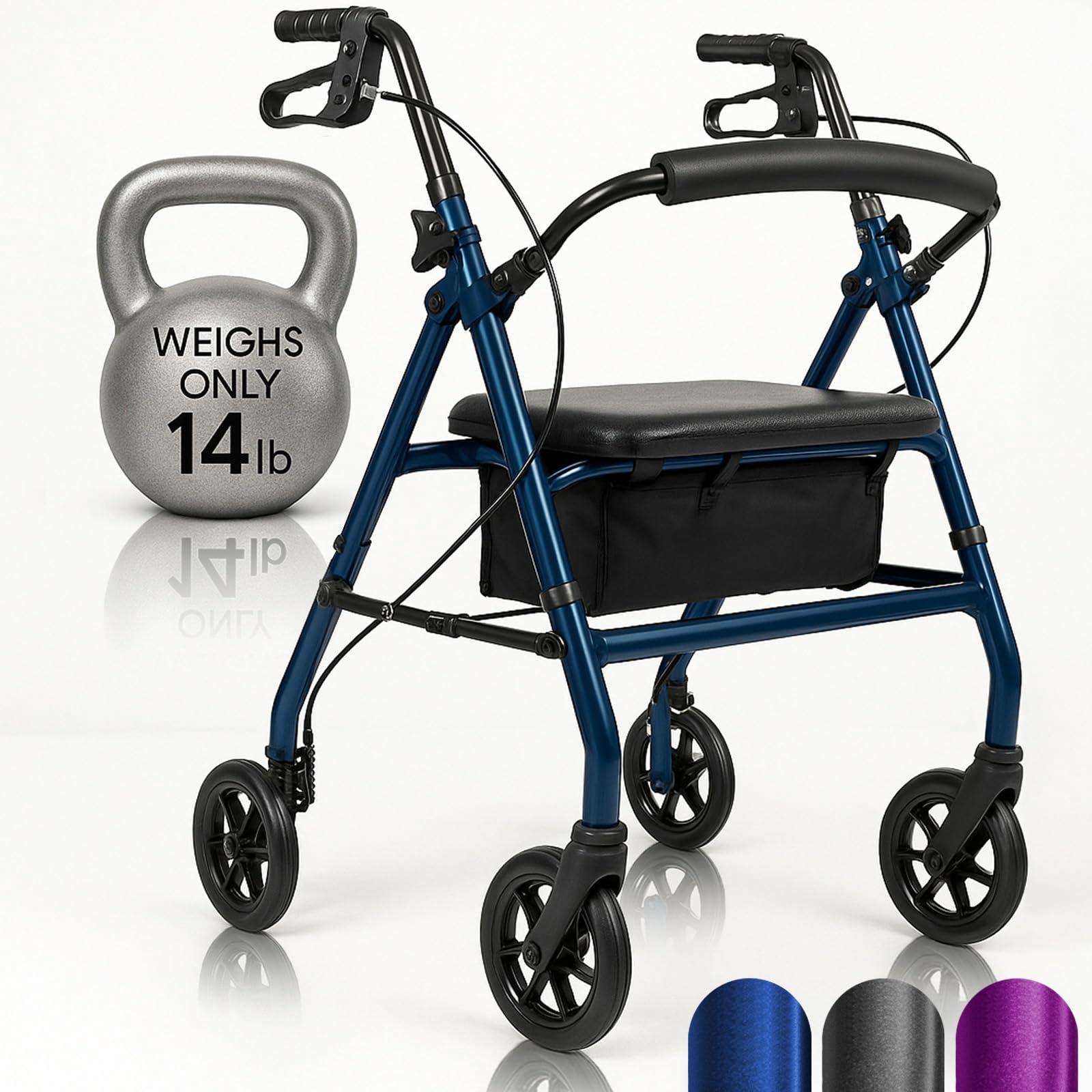 Vive Mobility Vive Mobility Ultra Lightweight Rollator Walker with Seat - Foldable, Narrow, Rolling Senior Walker for Small Spaces - 4 Wheel Aluminum Adult Easy Drive Walker with Underseat Accessory