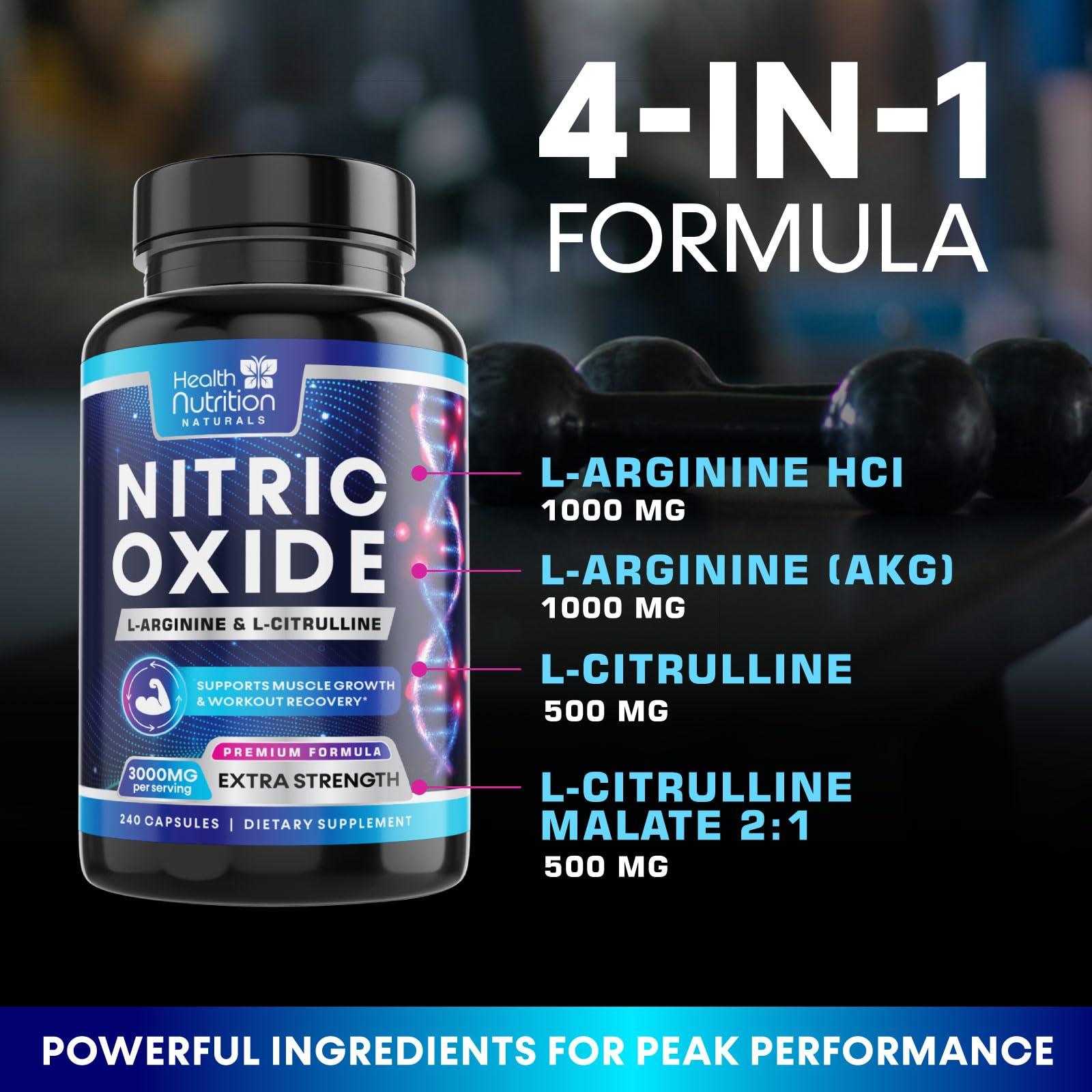 Health Nutrition Naturals Extra Strength Nitric Oxide Supplement L Arginine 3X Strength - Citrulline Malate, AAKG, Beta Alanine - Premium Muscle Supporting Nitric Booster for Energy & Strength to Train Harder - 240 Capsules