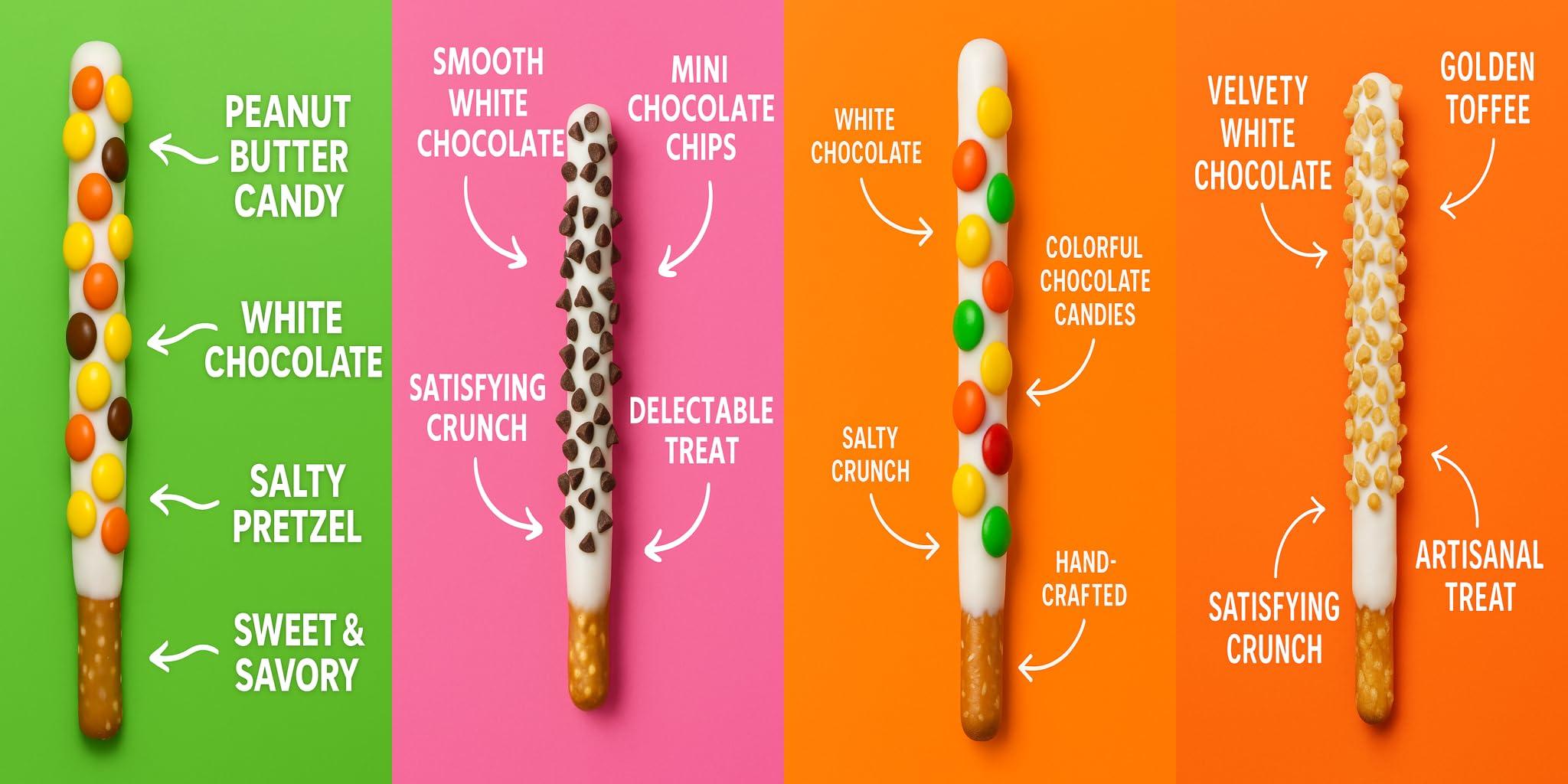 The Brittle Box Candy Co White Chocolate Covered Pretzel Rods Individually Wrapped 20 Piece Assorted Toppings