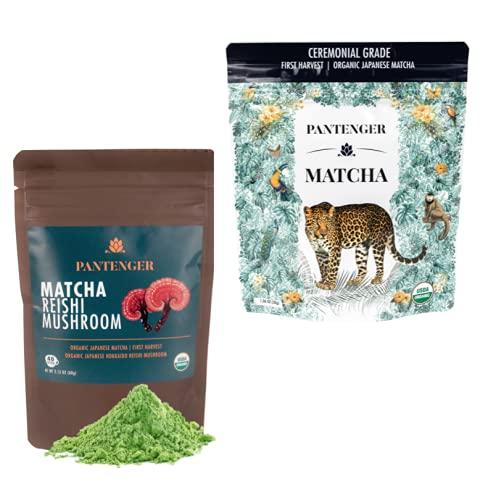 Pantenger 2 Matcha Ceremonial Grade 1 OZ Pouch and 1 Matcha Reishi Mushroom 2.12 OZ. USDA Organic. Pantenger Japanese Teas.