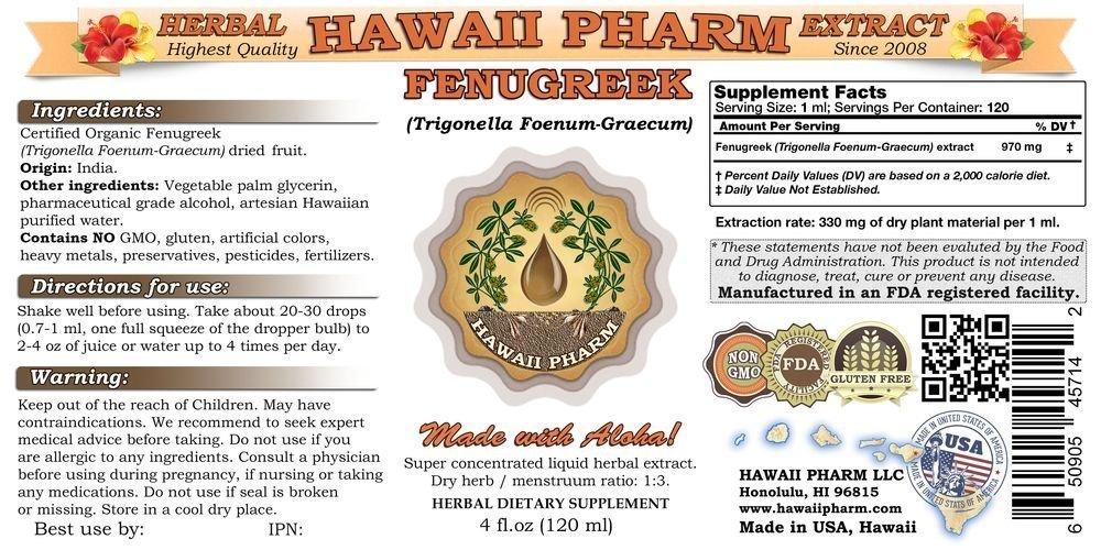 HawaiiPharm Fenugreek Liquid Extract, Organic Fenugreek (Trigonella foenum-graecum) Tincture Supplement 4x4 oz