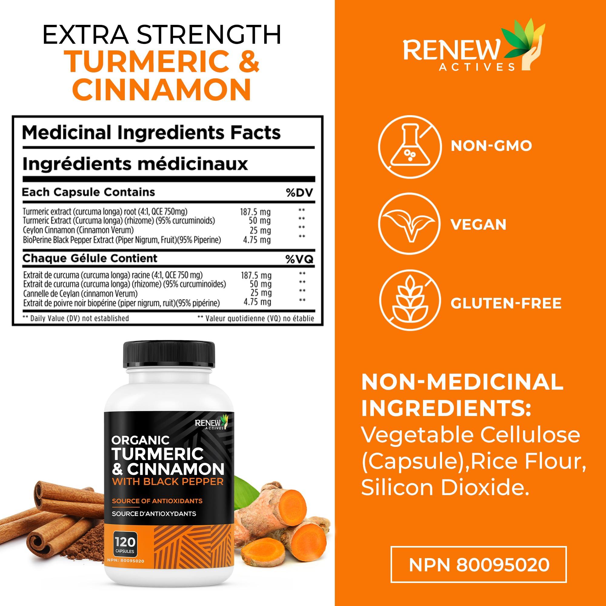 Renew Actives Renew Actives Organic Turmeric & Cinnamon Capsules - with Curcumin & BioPerine Black Pepper for Enhanced Absorption - Promotes Metabolism, Joint Health & Digestion - 120 Capsules
