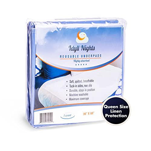Idyll Nights Washable Incontinence Bed Pad - Waterproof with Tuck-in-Sides Leakage & Sweat Mattress Protector - Reusable Full/Queen 36x60 inch Bed Pad for Kids Adults and Pets