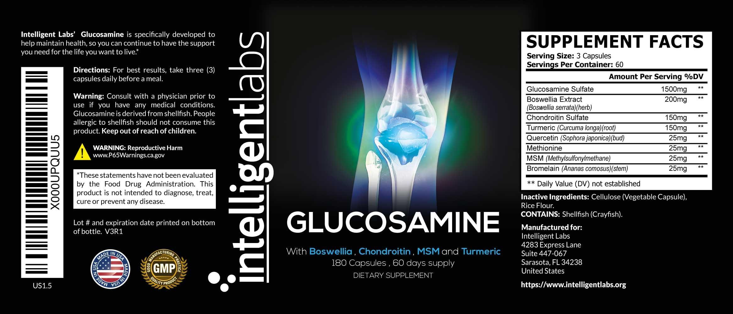 Intelligent Labs Intelligent Labs Glucosamine and Chondroitin High Strength Complex with MSM | 180 Capsules | Immune System Support | with Turmeric, Boswellia, and Quercetin Joint Care Supplements