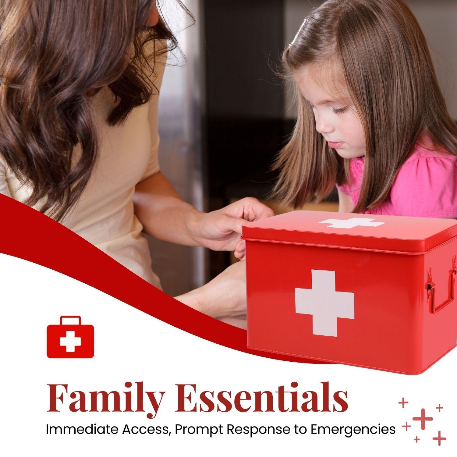 Flexzion Flexzion First Aid Box Organizer Empty 13\" Red Vintage First Aid Kit Tin Metal Medical Box - First Aid Storage Box Container Bins with Dividers, Removable Tray and White Cross Logo