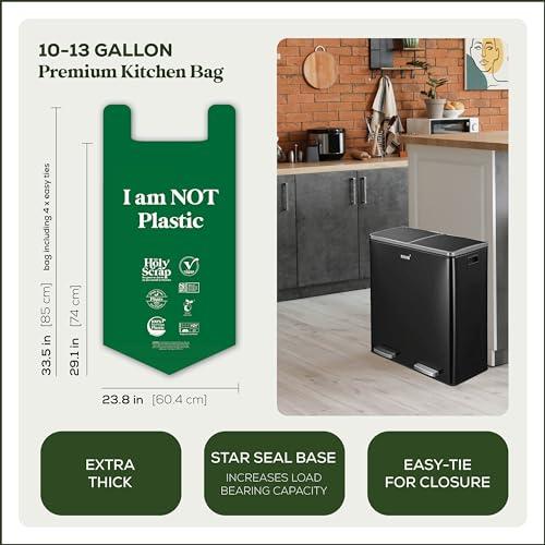 HOLY SCRAP! HOLY SCRAP! Large Compostable Trash Bags - 10-13 Gallon, 50 Pack, 100% Plastic-Free Decomposing Easy-Tie Trash Can Bags & Liners, Thick Kitchen, Bathroom & Backyard Bin Bags for Food & Green Waste
