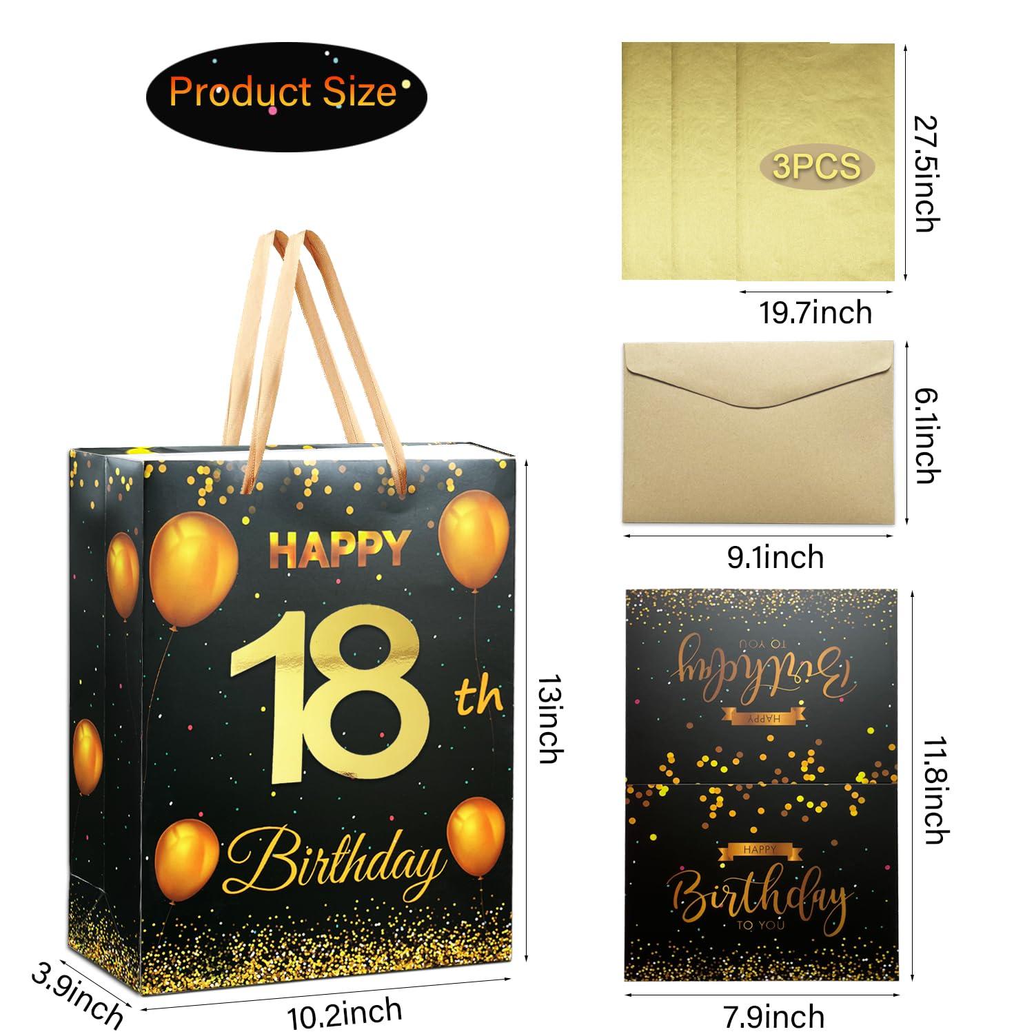 icanstand icanstand Black Gold 18th Birthday Gift Bag with Greeting Card, Envelope and Tissue Paper for Men Women, 13\" Large Gift Wrap Bag with Handles for Birthday Party Decorations Supplies (18th)