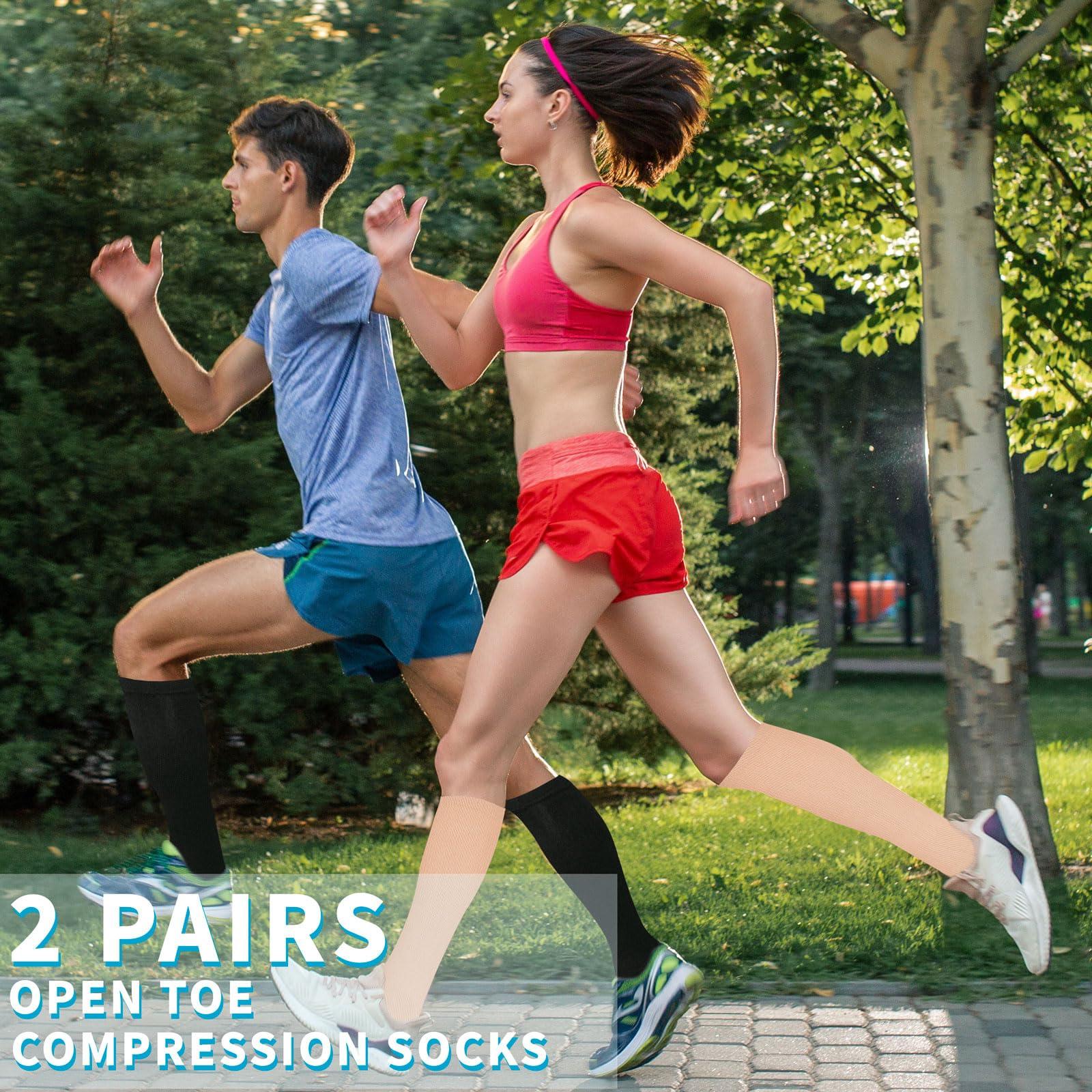 TZYSOKC Open Toe Compression Socks 15-20 mmHg for Women and Men Knee High Toeless Circulation Compression Stockings(B 2XL)