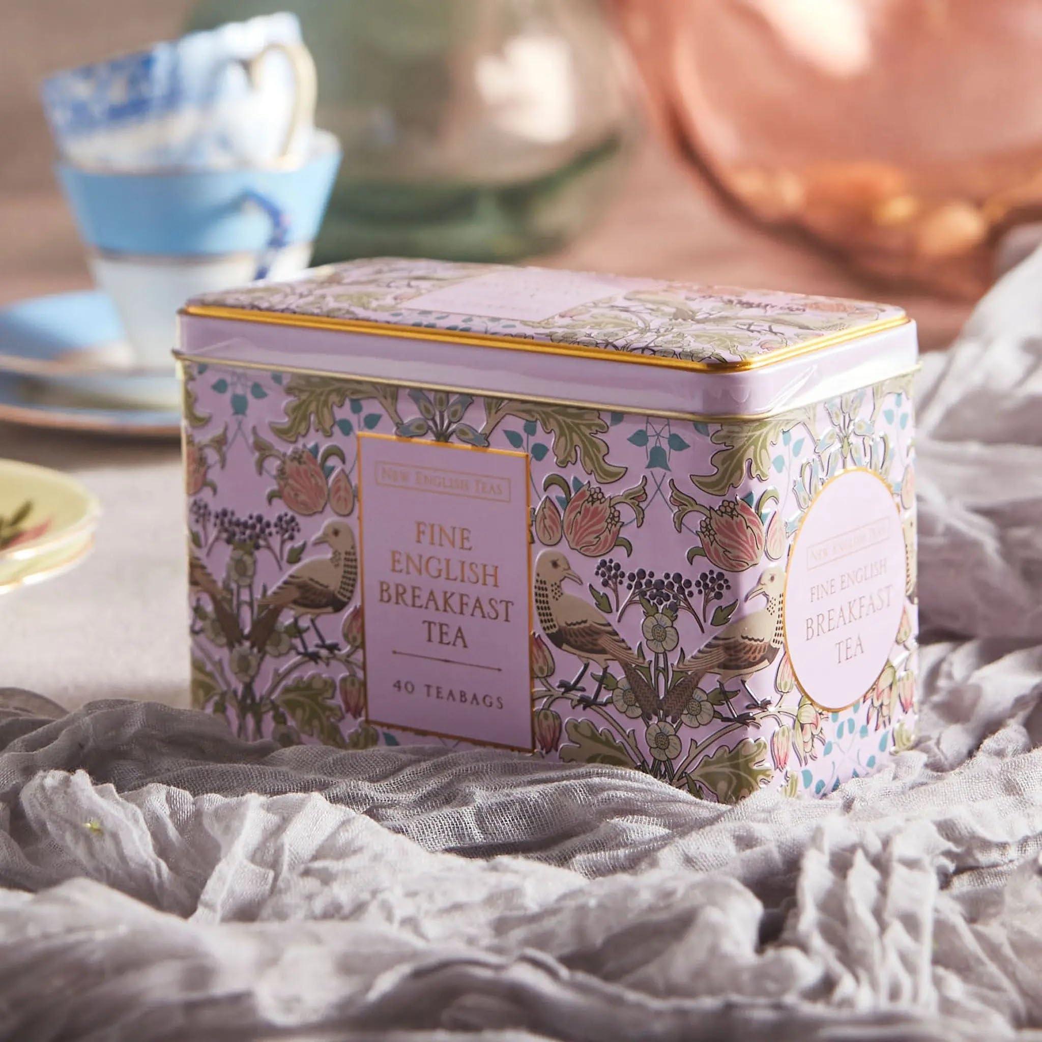 New English Teas New English Teas Song Thrush and Berries Tea Tin in Pink with 40 English Breakfast Teabags