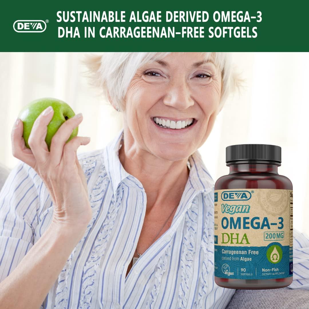 Deva Vegan Vitamins DEVA Vegan Omega-3 DHA Supplement - Once-Per-Day Softgels 200 MG - Carrageenan Free - Gelatin Free - Non-Fish - Algae Oil Omega-3 Fatty Acids - 90 Softgels