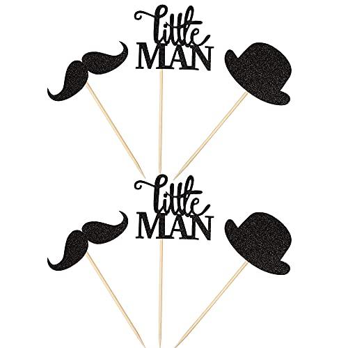 ZHUOWEISM 36 PCS Little Man Cupcake Toppers Black Glitter Hat Mustache Cupcake Picks for Baby Shower Boys Birthday Party Cake Decorations Supplies