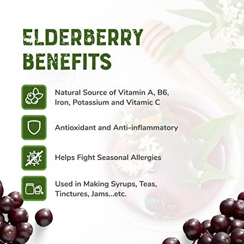 Nature's Greatest Foods Organic Dried Elderberries, 1 lb Bulk, Immune Boosting, No Additives, Non GMO, No Sugar Added, Wildcrafted, Non-irradiated, Sambucus Nigra, Product of Ukraine, Resealable Bag