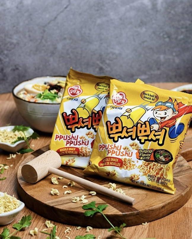 Ottogi OTTOGI PPUSHU PPUSHU Crush to Eat Noodle Snack - 2 of each Bbq, Bulgogi, Grilled Chicken, Spicy Rice Cake Flavors Variety Pack (90g) - 8 Pack