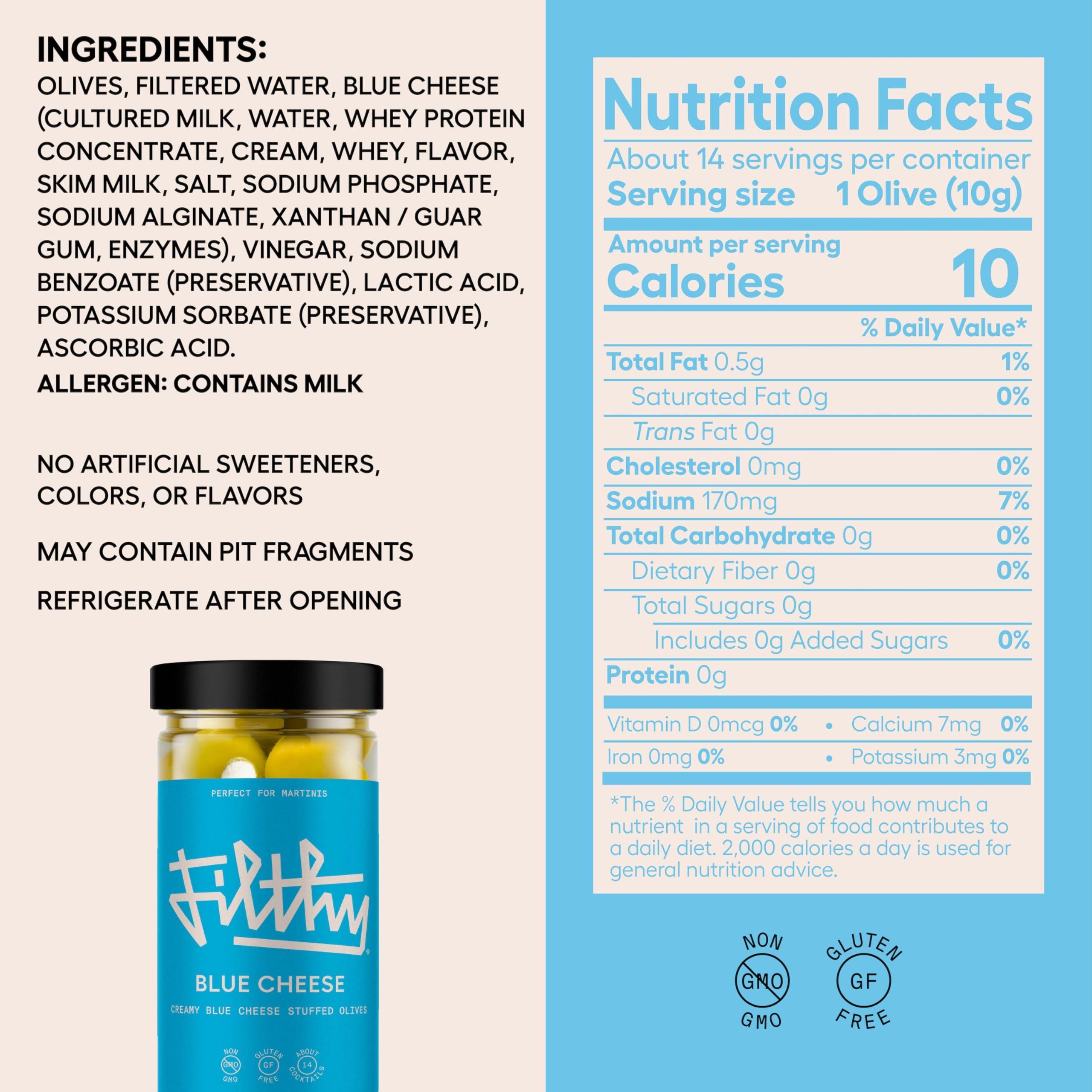 Filthy Food Filthy Cocktail Garnish, Blue Cheese Stuffed Olives, 8.5 Oz Jar, 14 Olives