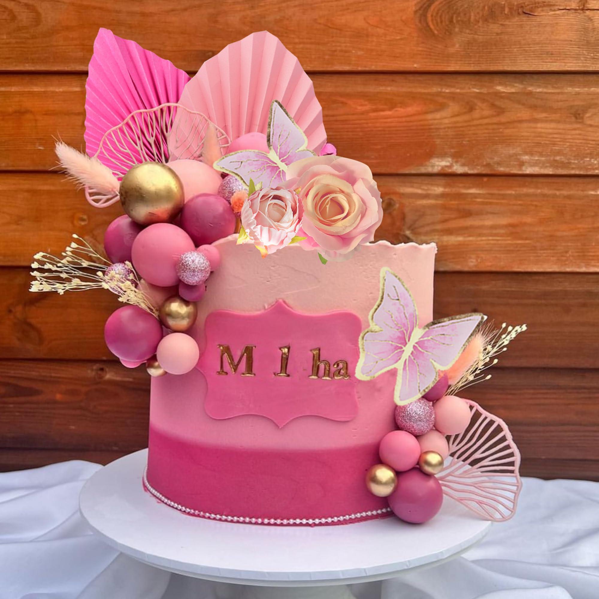LEFUBABY Boho Flower Cake Toppers Balls Cake Decorations with Butterflies for Birthday Party Wedding Baby Shower Boho Themed Party Supplies (Hot Pink)
