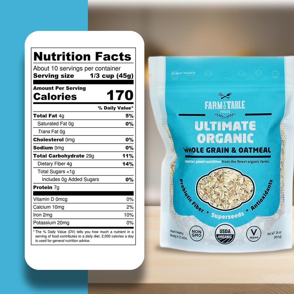 Farm to Table Foods Farm to Table Foods Organic Oatmeal Variety Pack High-Protein, Plant-Based, Unsweetened, Non-GMO 3-Pack (Apple Raisin, Whole Grain, Ultimate Organic)