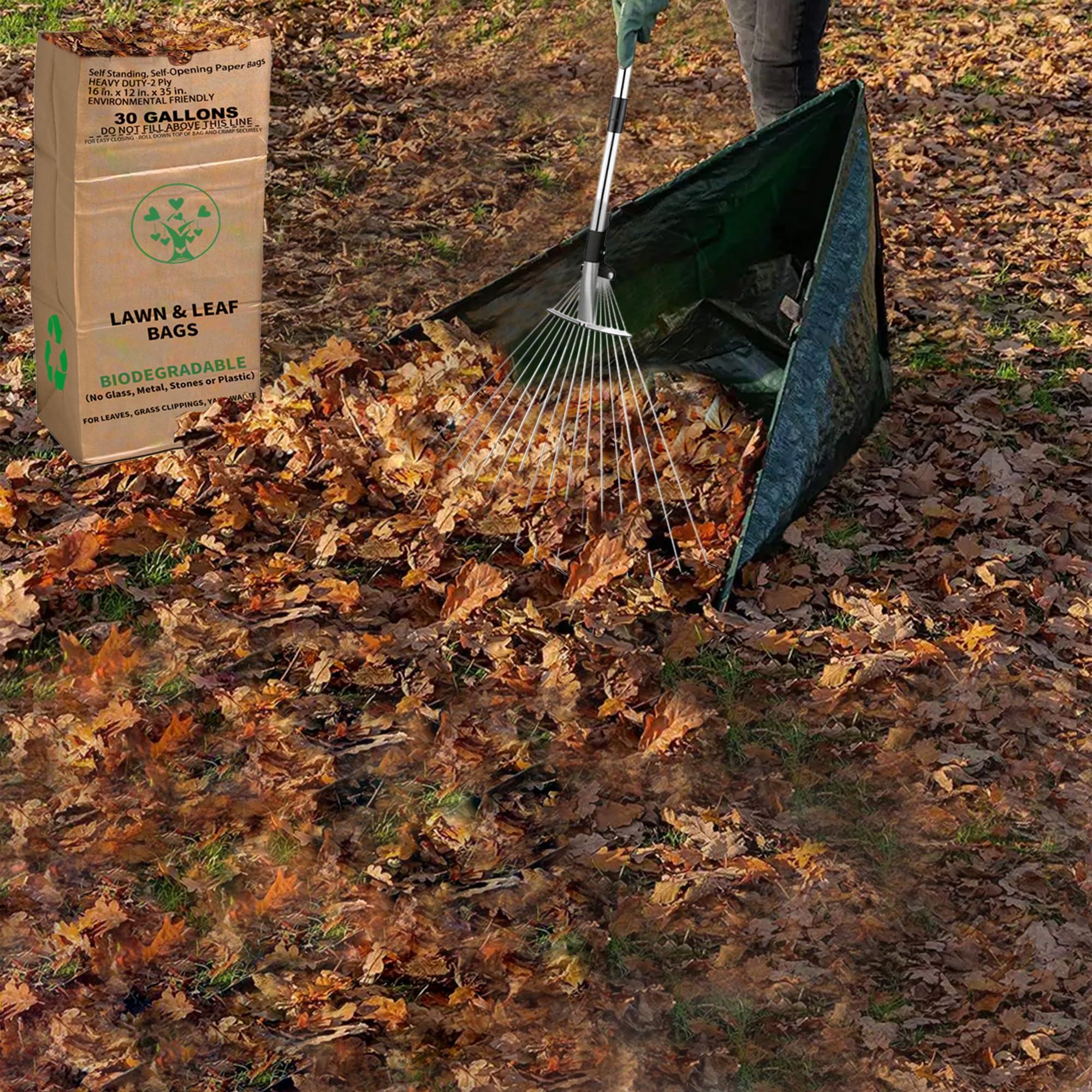 AimGrowth AimGrowth Leaf Collector Tripod Bag and Lawn Leaf bag Kit with leaf scoops | 10 Count 30 Gallon 2-Ply Heavy Duty Self Standing Kraft Paper Bags Yard Waste Bag for Grass Clippings Wet Dry Leaves