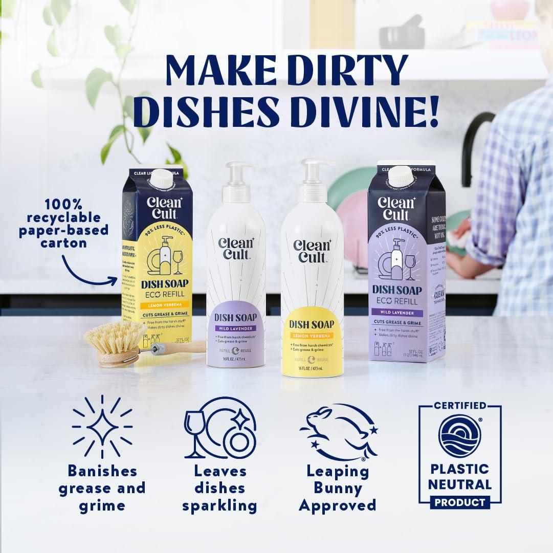 Cleancult Cleancult Dish Soap Liquid Refill (32oz, 1 Pack) - Plant Based Cleaning Power - Dish Soap that Cuts Grease & Grime - Free of Harsh Chemicals - Uses 90% Less Plastic - Lemon Verbena
