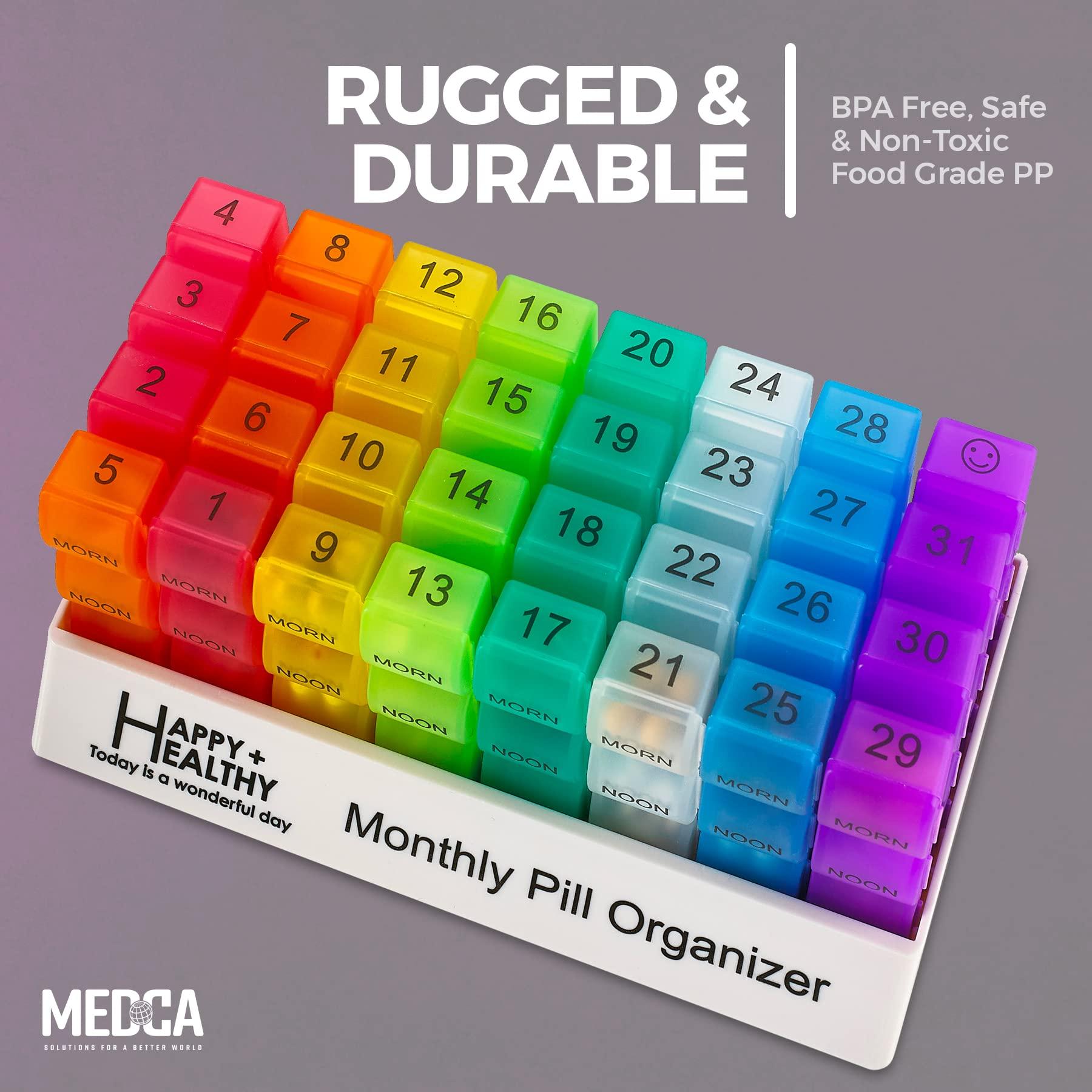 MEDca Month Pill Box Organizer - 3-Times-A-Day | Morning-Noon-Night - 30 Day Pill Case with 32 Daily Compartments for Vitamins, Supplements, Medication - Travel Monthly Pill Organizer 3 Times A Day