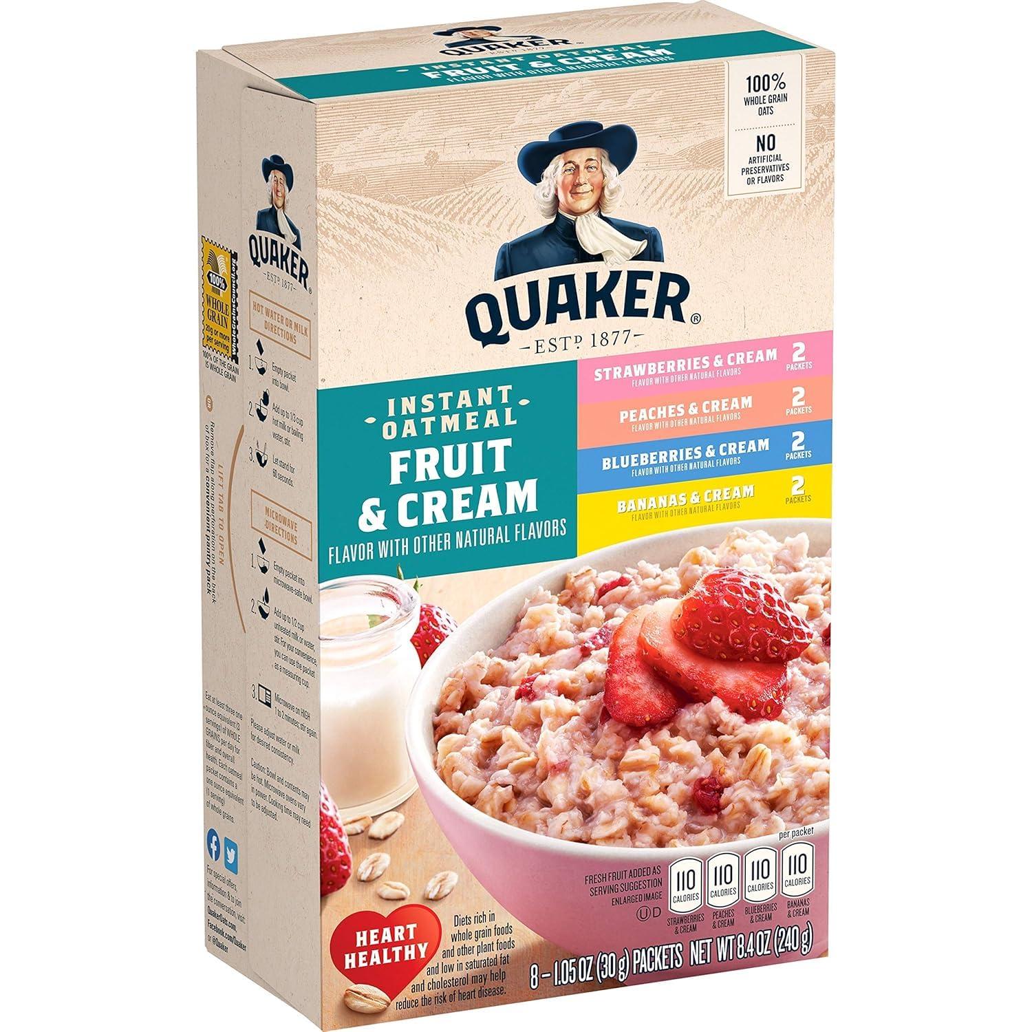 Quaker Quaker Instant Oatmeal, Fruit & Cream Variety Pack, 8 Count(Pack of 1)