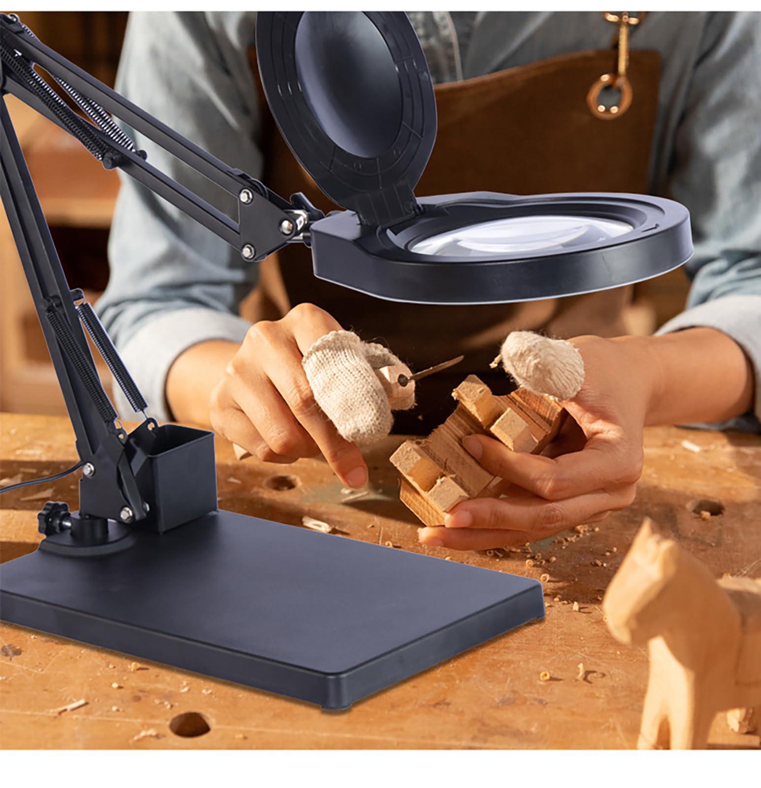 GLocKi Magnifying Glass with Light and Stand, 10X Magnifying Lamp, 5" Large Optical Glass Lens, Adjustable Swivel Arm Desk Magnifier for Hobby Reading