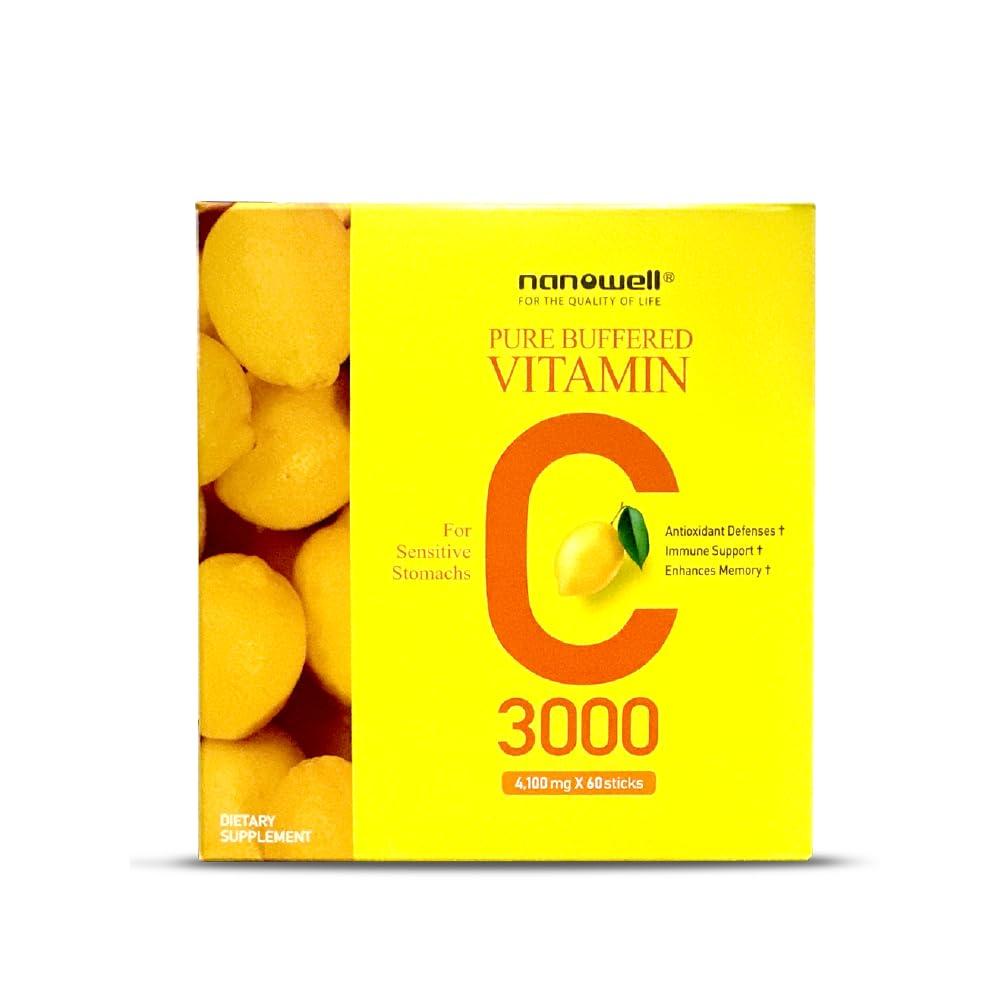 NANOWELL NANOWELL Pure Buffered Vitamin C Powder 3000mg per Serving, Dietary Supplement for Immune Support - 60 Sticks, 60 Day Supply