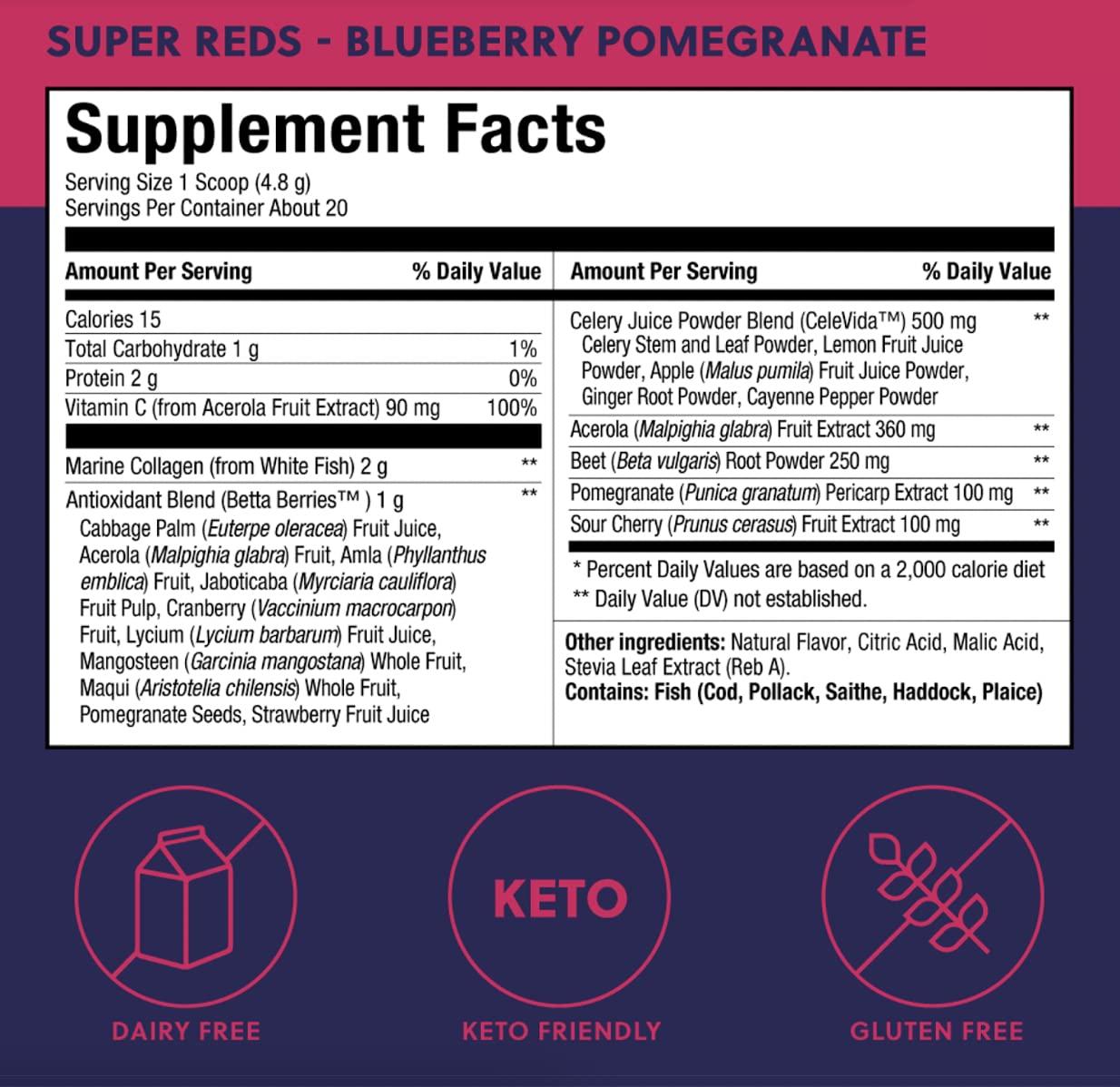 Perfect Keto Perfect Keto Super Reds Superfood Powder, Antioxidants Supplement with Fruit & Vegetable Powder, Polyphenols & Marine Collagen, Drink Mix for Skin & Energy Support, Blueberry Pomegranate, 20 Servings