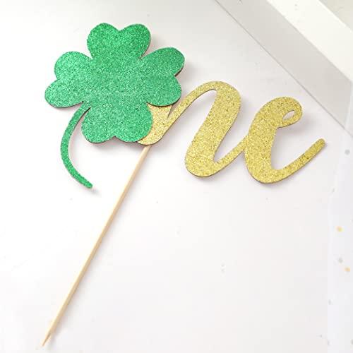 BOOMPA St Patrick’s Day Birthday Cake Topper - Lucky St Paddy’s Day Four Leaf Clover - Irish Themed Cake Decorations - Lucky 1st Happy Birthday For Gold Cake Flag - Best Photo Booth Props (ONE)