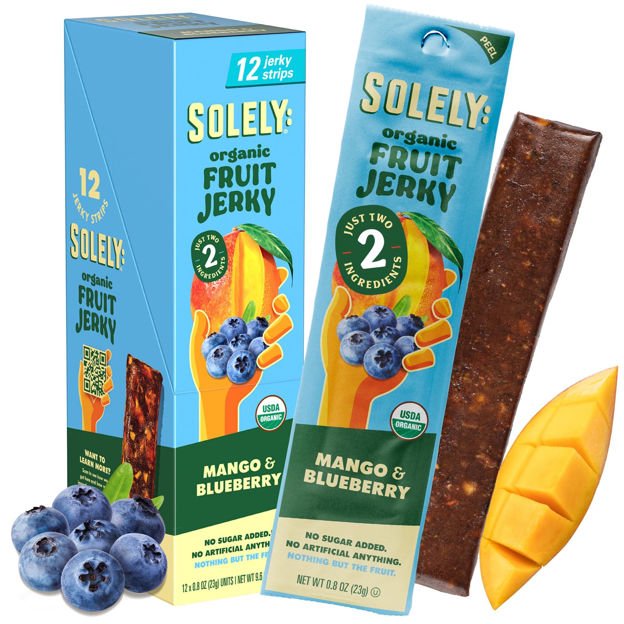SOLELY SOLELY - Organic Mango Blueberry Fruit Jerky - 12 Individually Wrapped Fruit Strips - Fruit Leather Made from Dried Fruit - Healthy Snacks for Adults & Kids - Non GMO, Vegan Sacks - 0.8oz (23g)