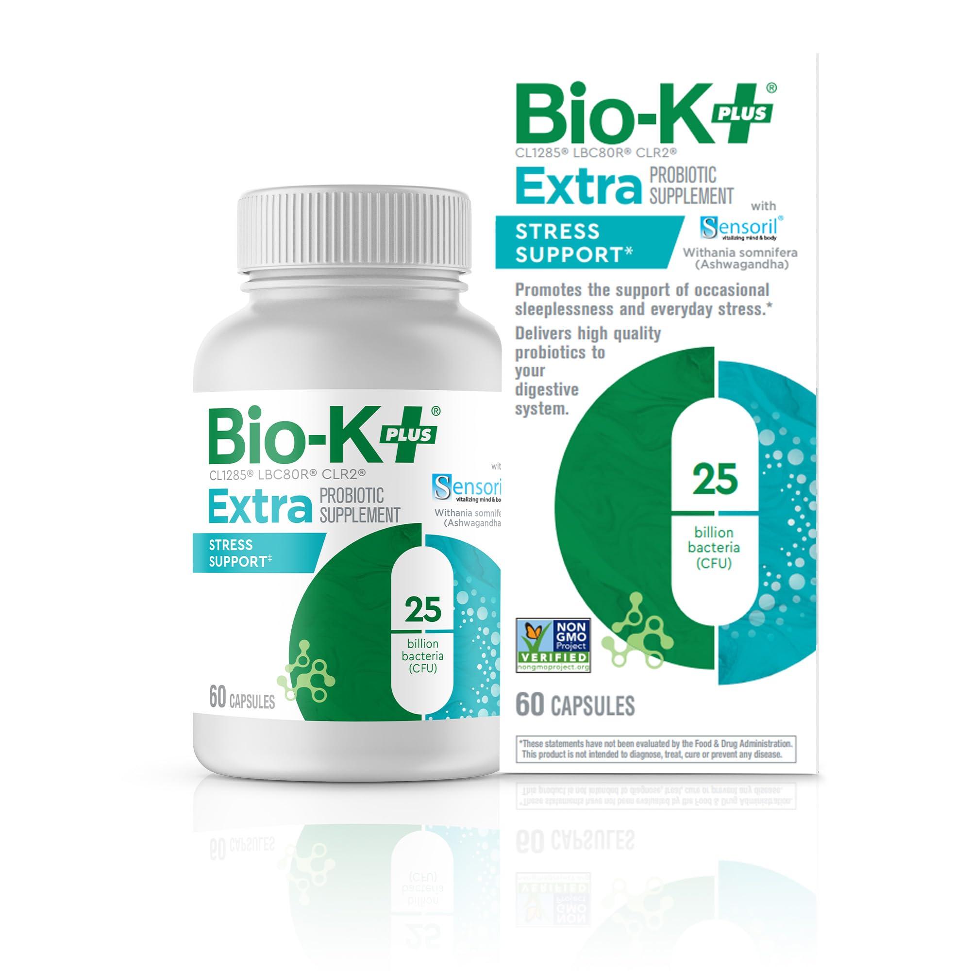 Bio-K Plus Bio K+ Extra Stress Support with Sensoril - Ashwagandha  Vegan Probiotics Supplement for Everyday Stress, Relieving Sleeplessness - 25 Billion CFU 3 Strains  60 Capsules