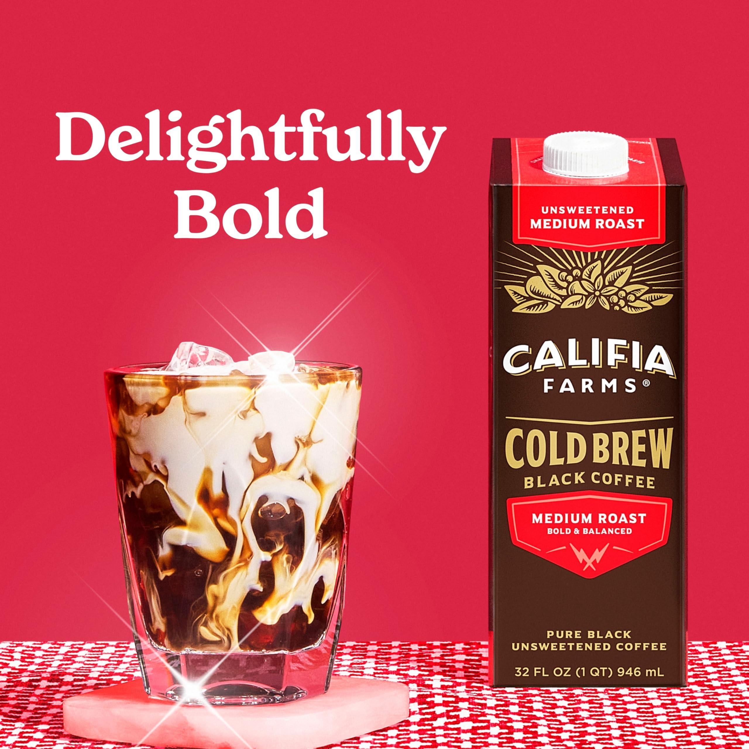 Califia Farms Califia Farms - Pure Black Medium Roast Cold Brew Coffee, 32 Oz (Pack of 6), 100% Arabica, Shelf Stable, Plant Based, Vegan, Gluten Free, Non GMO, Sugar Free, Iced Coffee