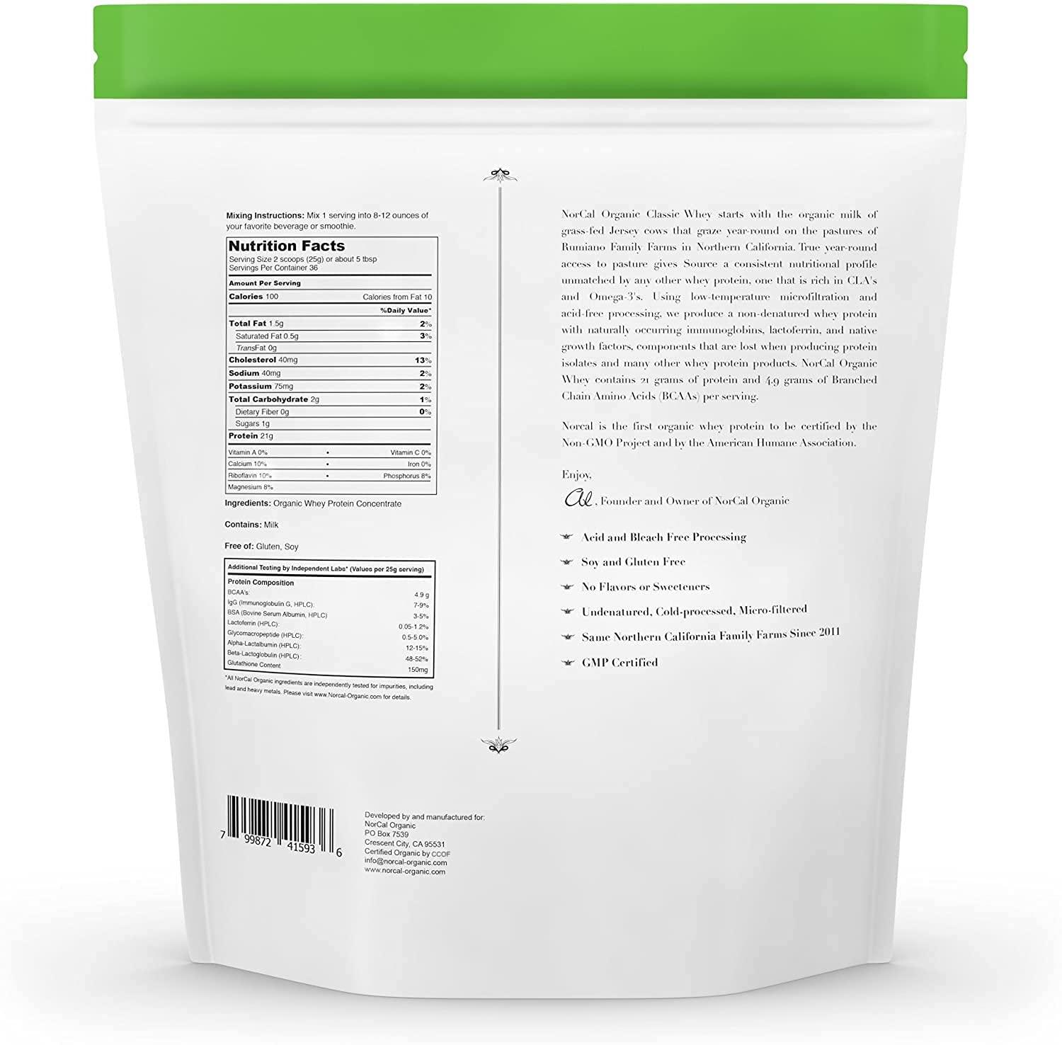 Source Organic NorCal Organic - Classic Whey Protein - 100% Grass-Fed and Grass-Finished - UNFLAVORED - Lecithin-Free - 2lb Bulk