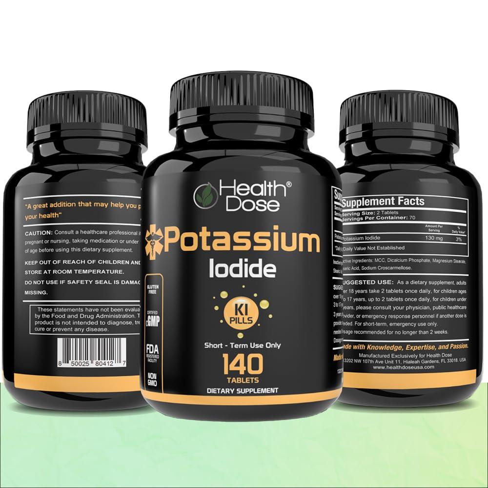 Health Dose Health Dose Potassium + Iodide (KI) Tablets 130mg 140 Tablets for Thyroid Support, Cellular Metabolism & Electrolyte Balance Non-GMO, Gluten-Free, GMP Certified, Pack of 2